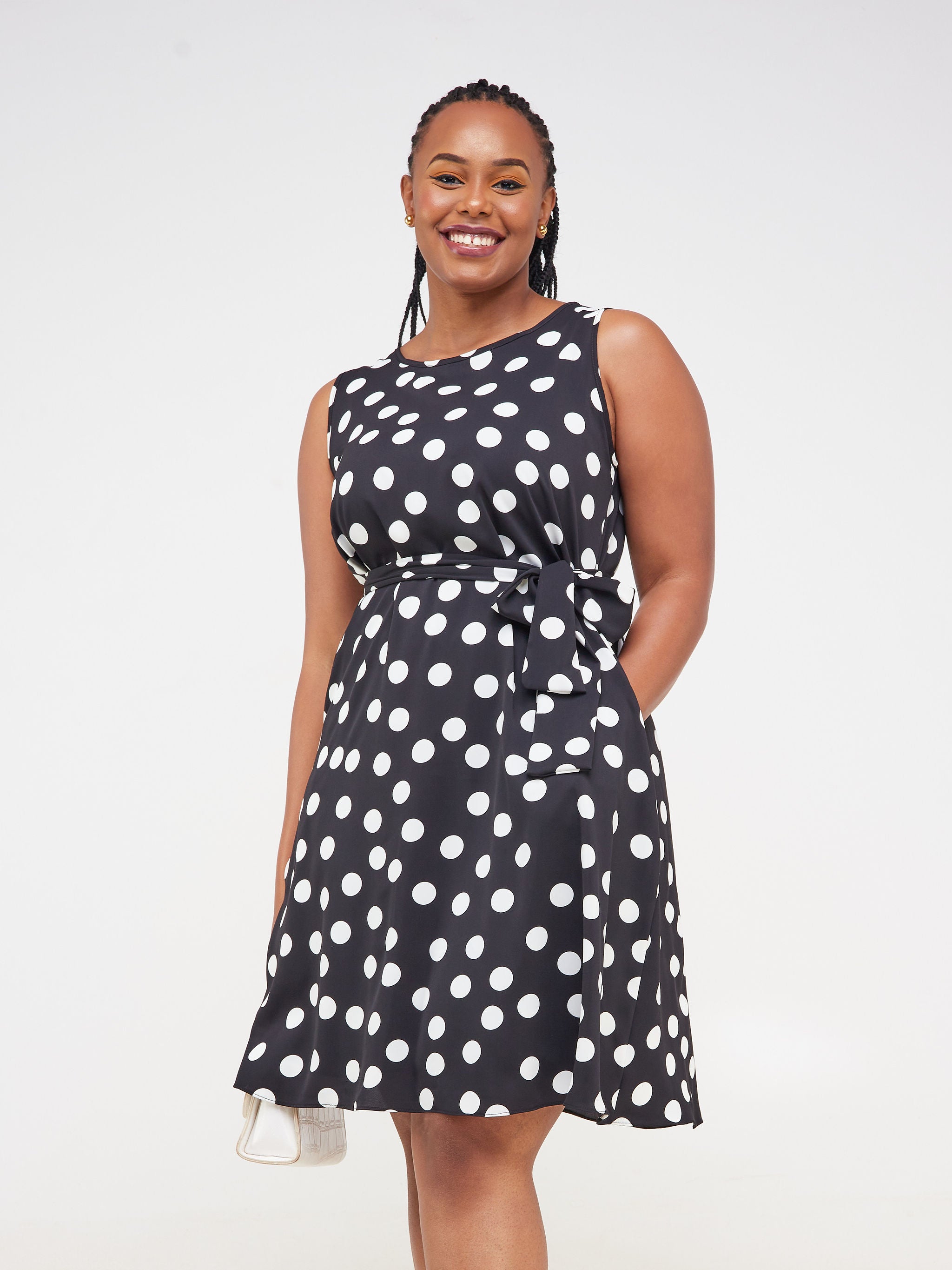 Vivo Basic Lined Sleeveless Tent Dress - Black / White Polka Dot Print