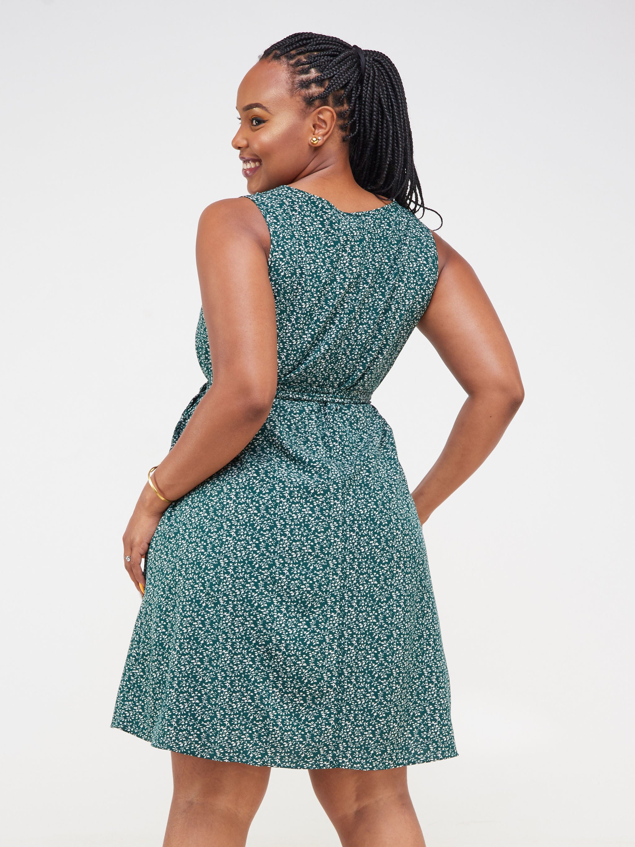 Vivo Basic Lined Sleeveless Tent Dress - Green / White Floral Print