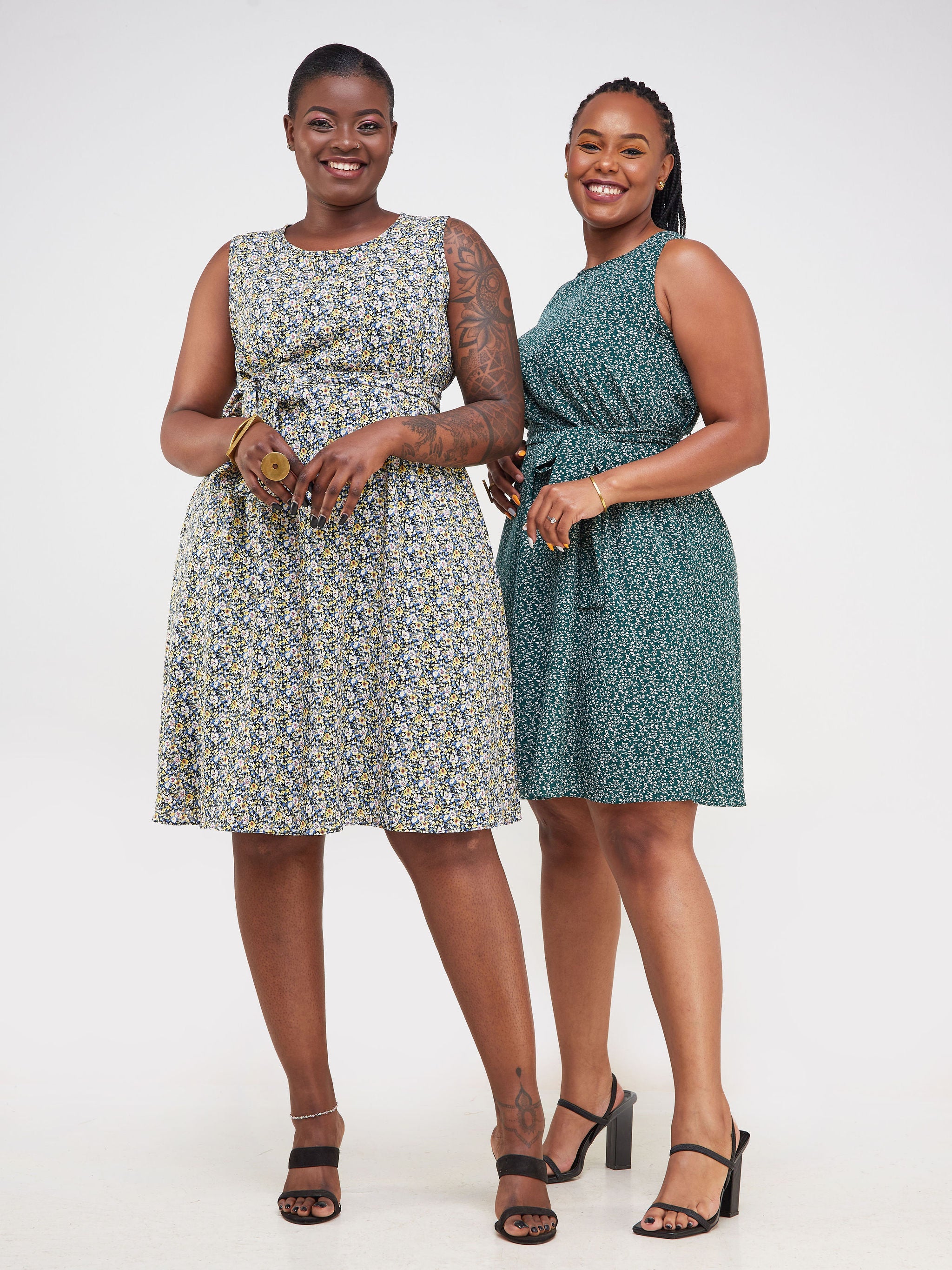 Vivo Basic Lined Sleeveless Tent Dress - Green / White Floral Print