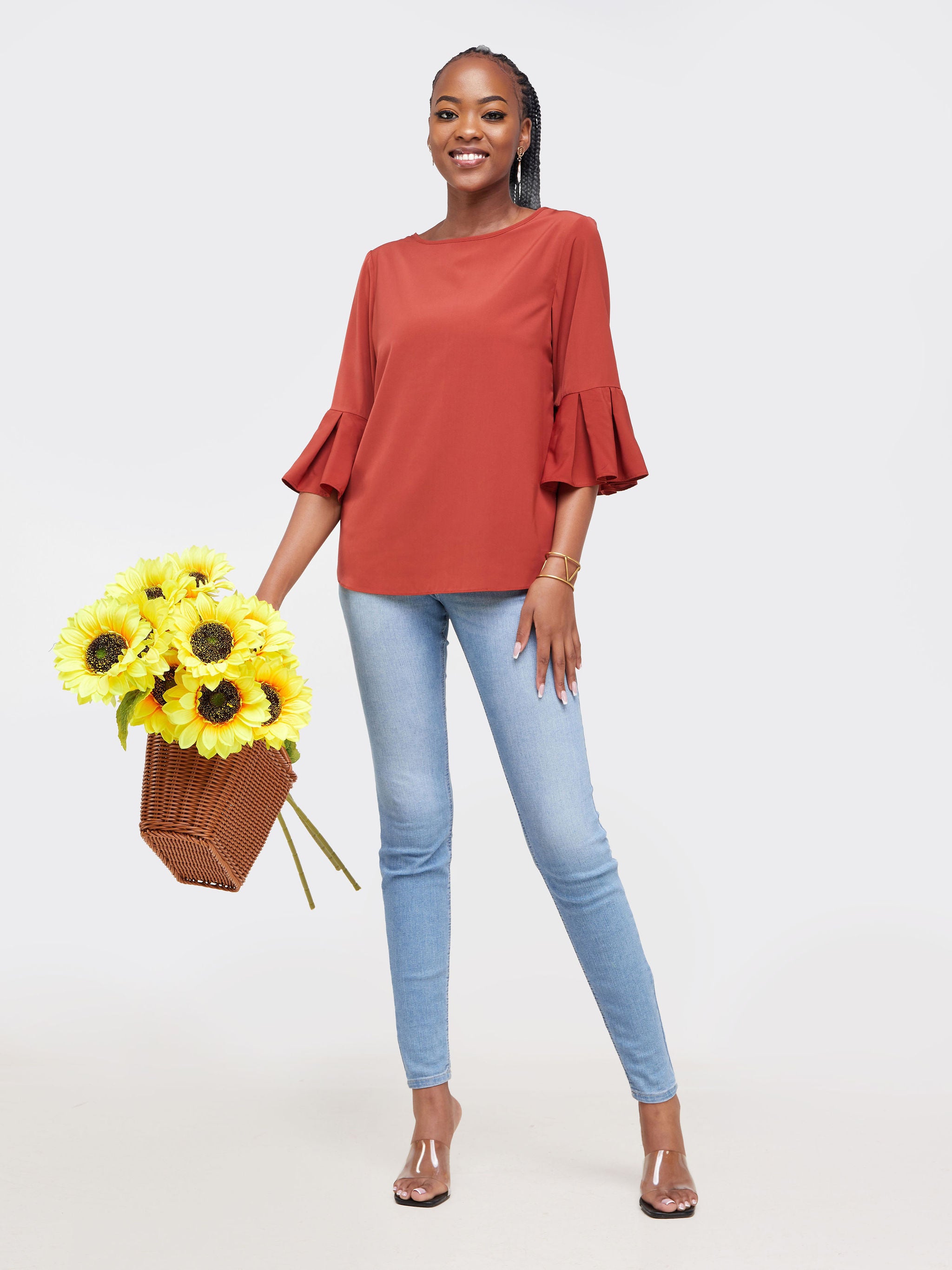 Vivo Zawadi Pleated Sleeve Top - Rust