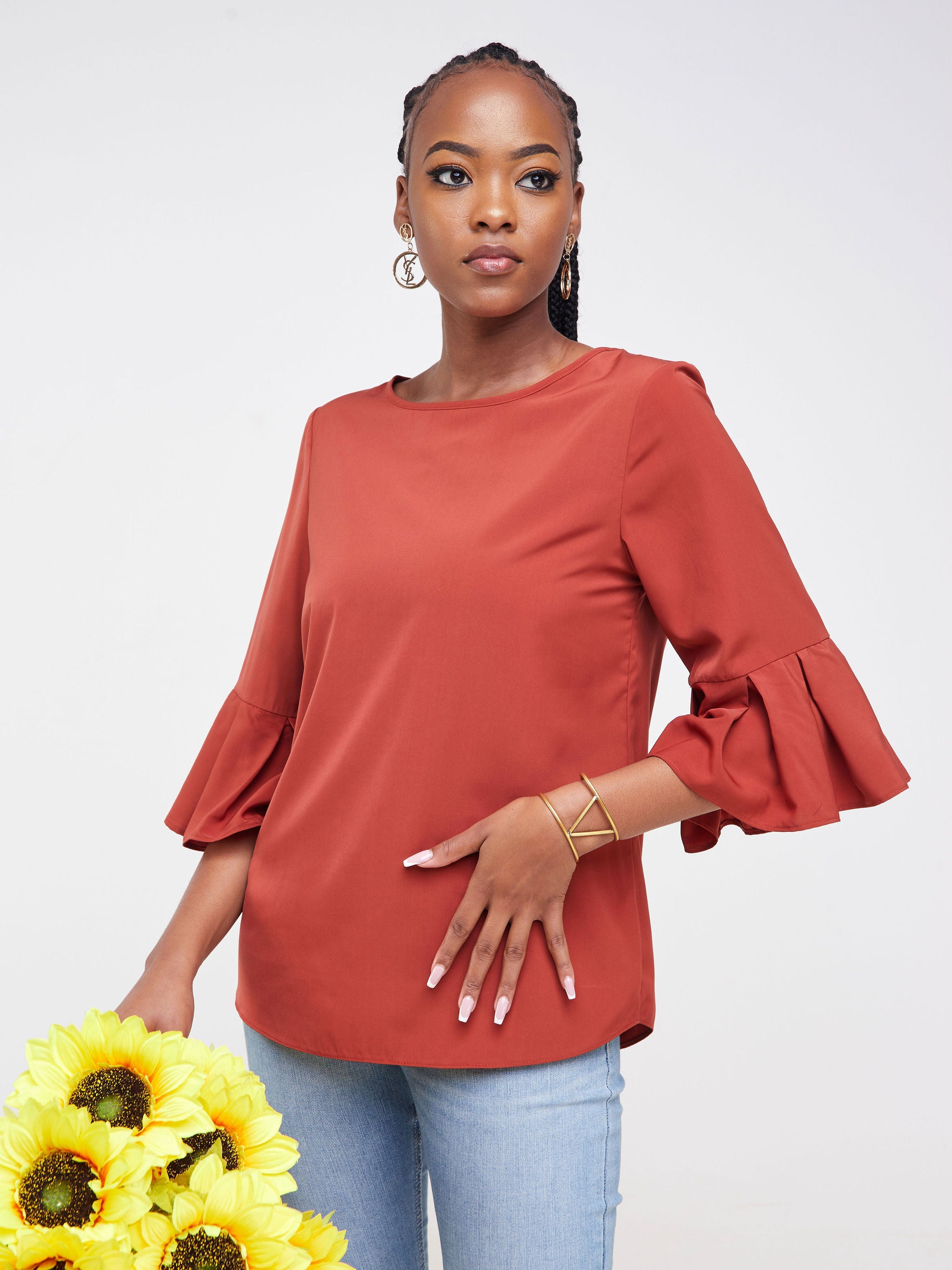 Vivo Zawadi Pleated Sleeve Top - Rust