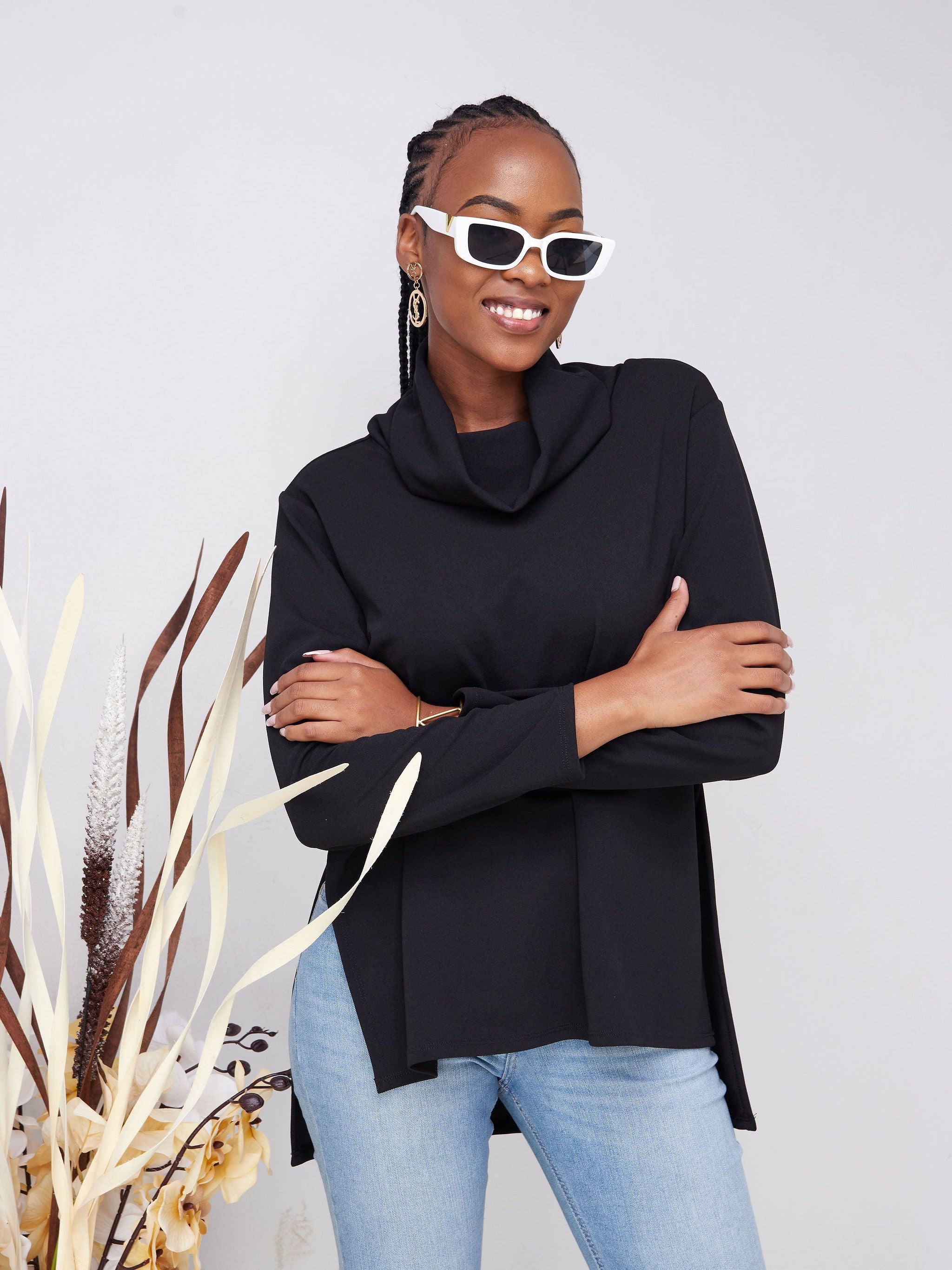 Vivo Basic Cowl Side Slit Top - Black