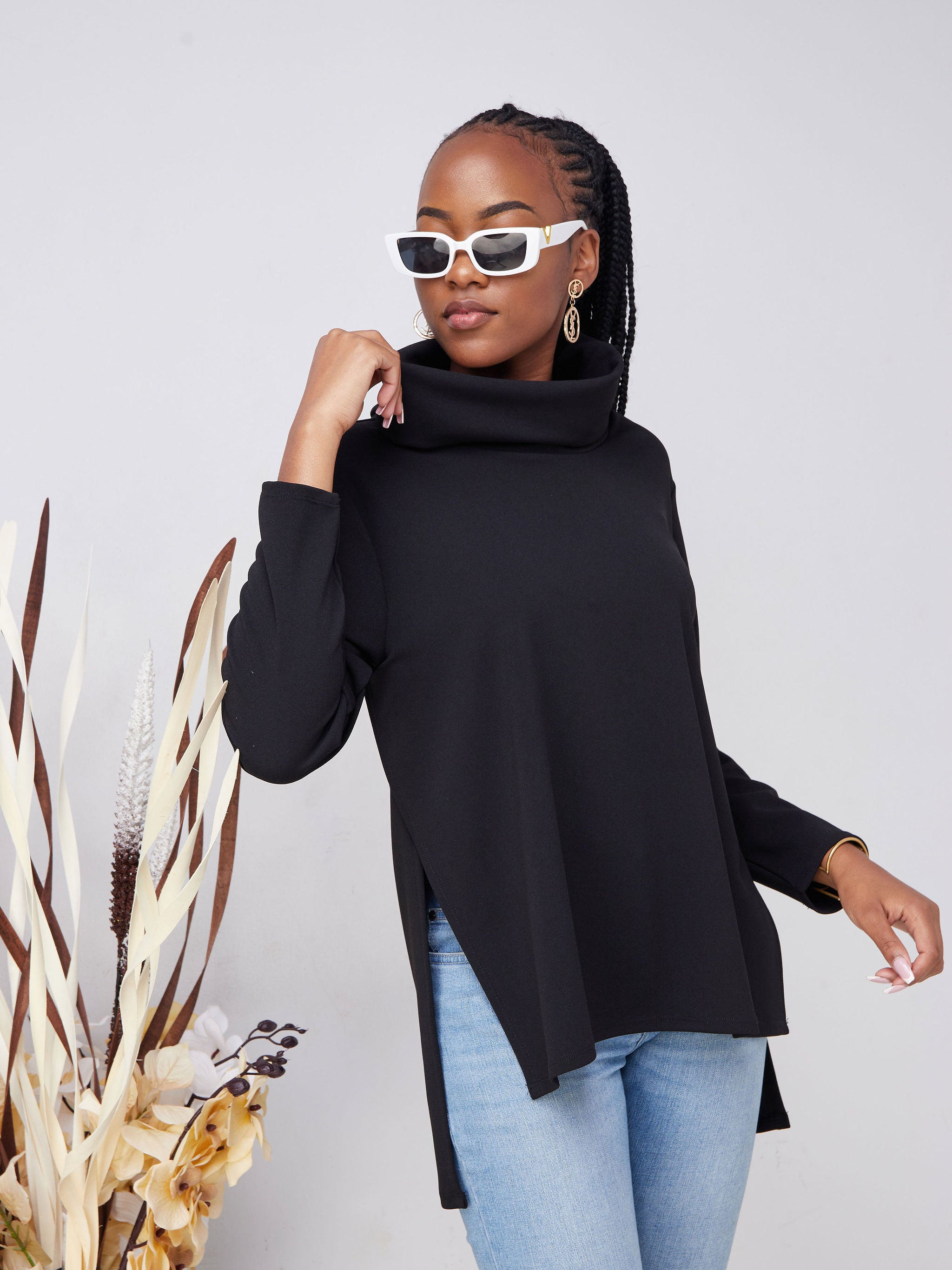 Vivo Basic Cowl Side Slit Top - Black