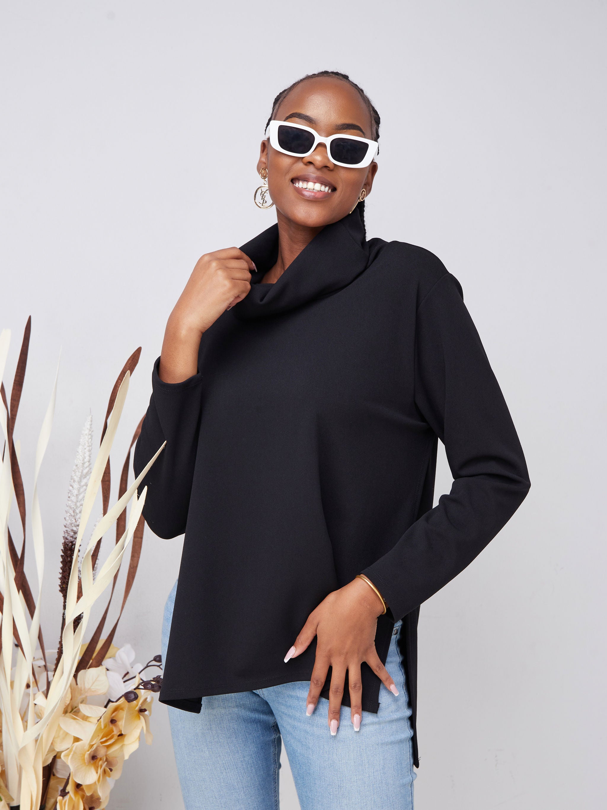 Vivo Basic Cowl Side Slit Top - Black