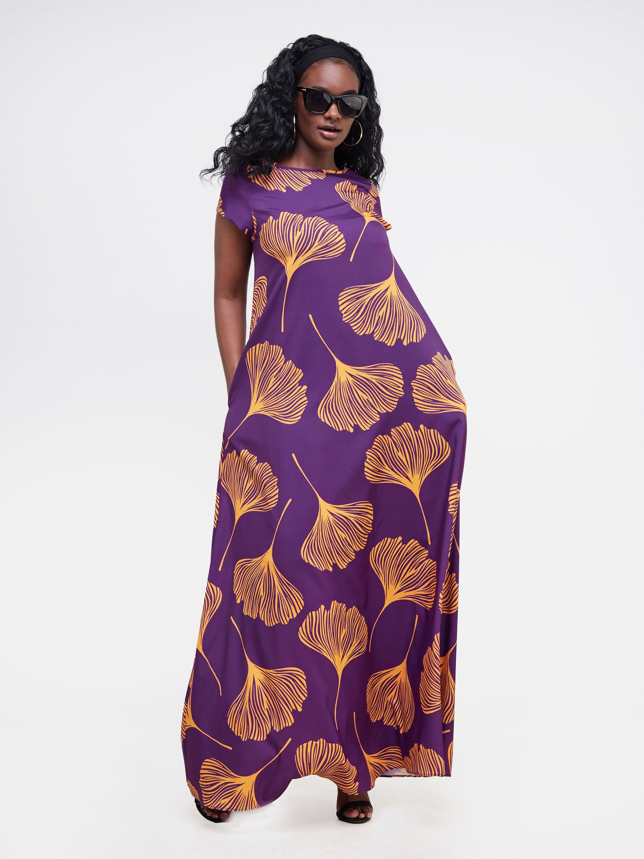 Vivo Basic Cap Sleeved Tent Maxi Dress - Purple / Mustard Leaf Print