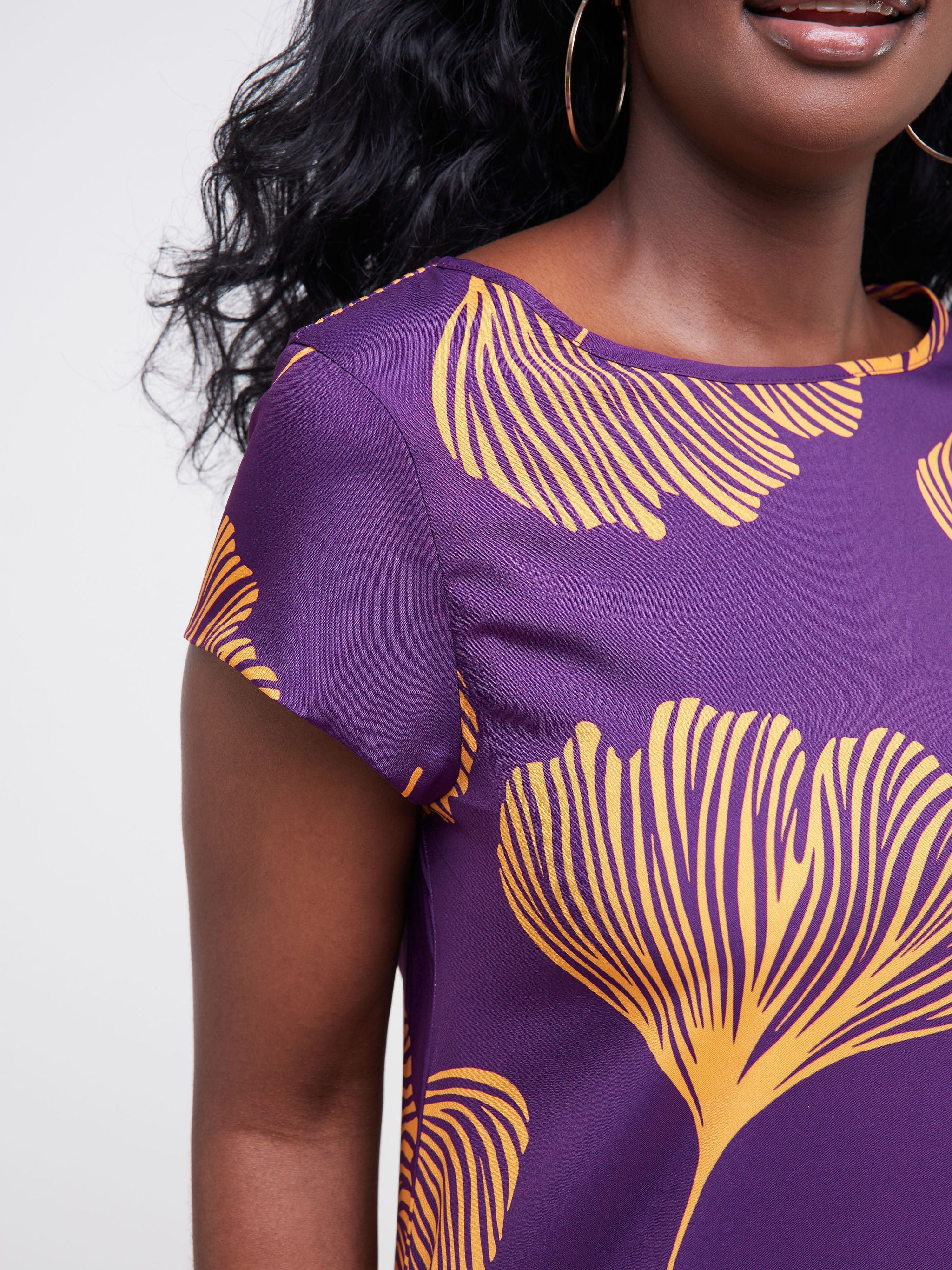 Vivo Basic Cap Sleeved Tent Maxi Dress - Purple / Mustard Leaf Print