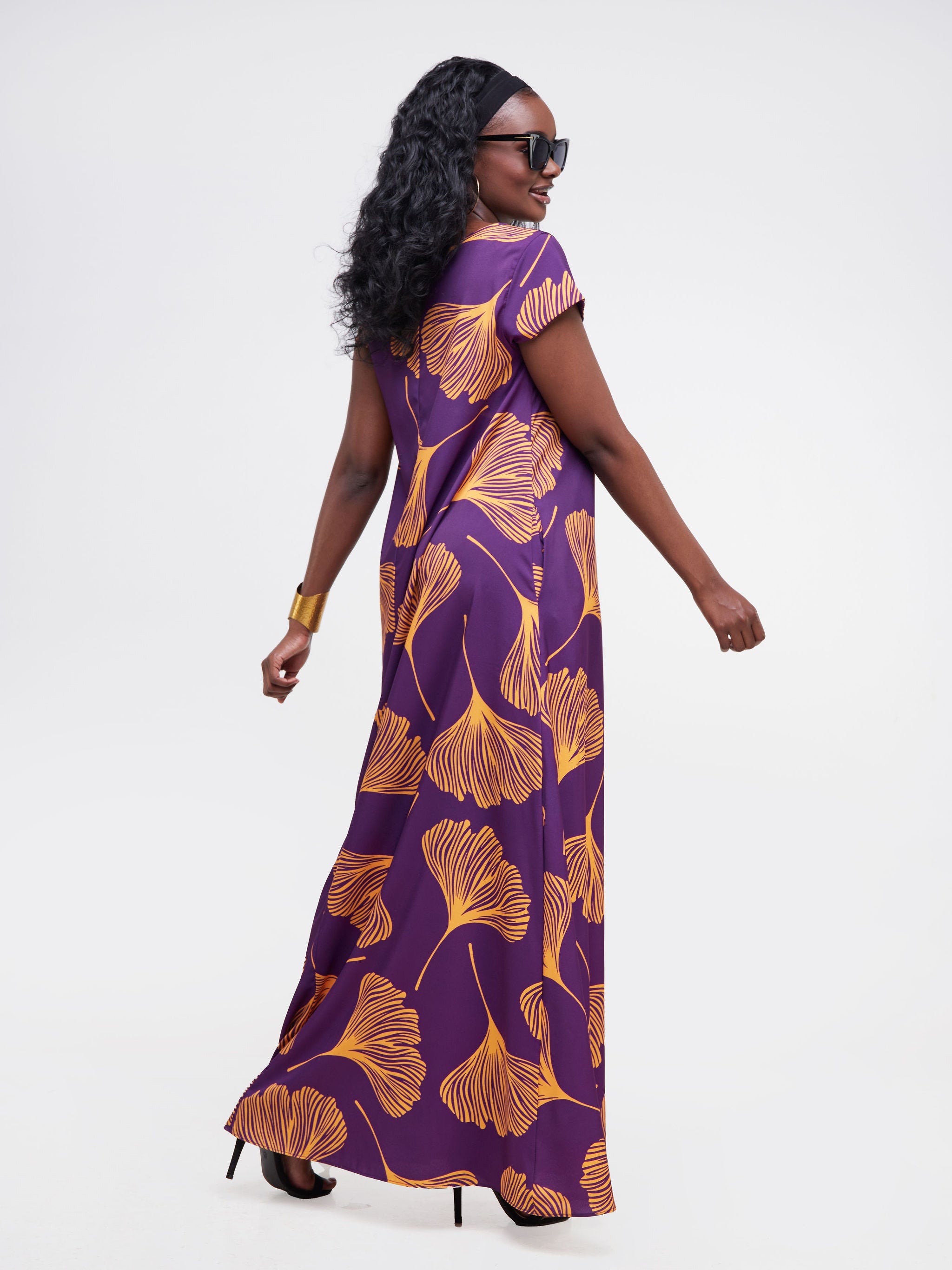Vivo Basic Cap Sleeved Tent Maxi Dress - Purple / Mustard Leaf Print