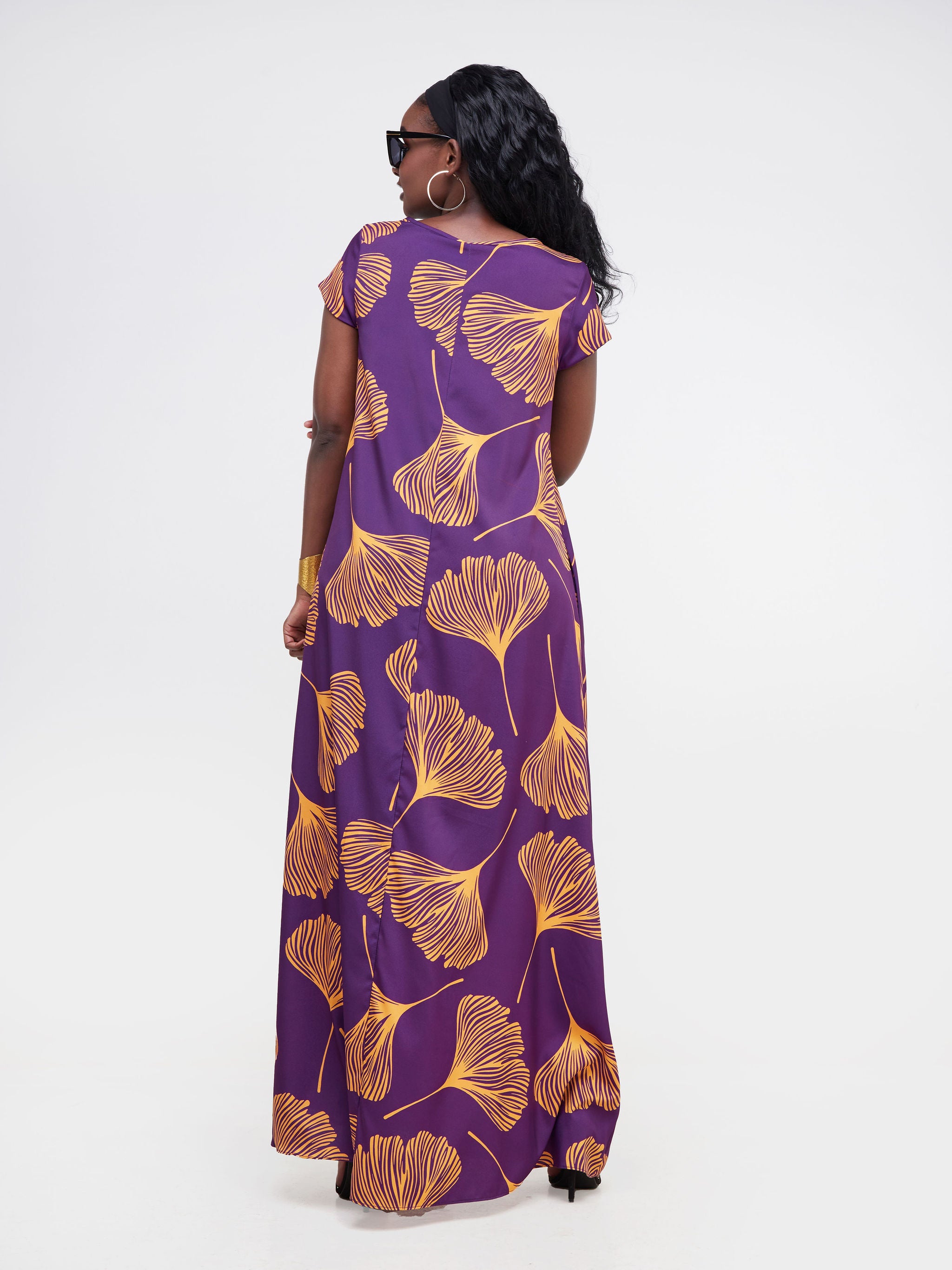 Vivo Basic Cap Sleeved Tent Maxi Dress - Purple / Mustard Leaf Print