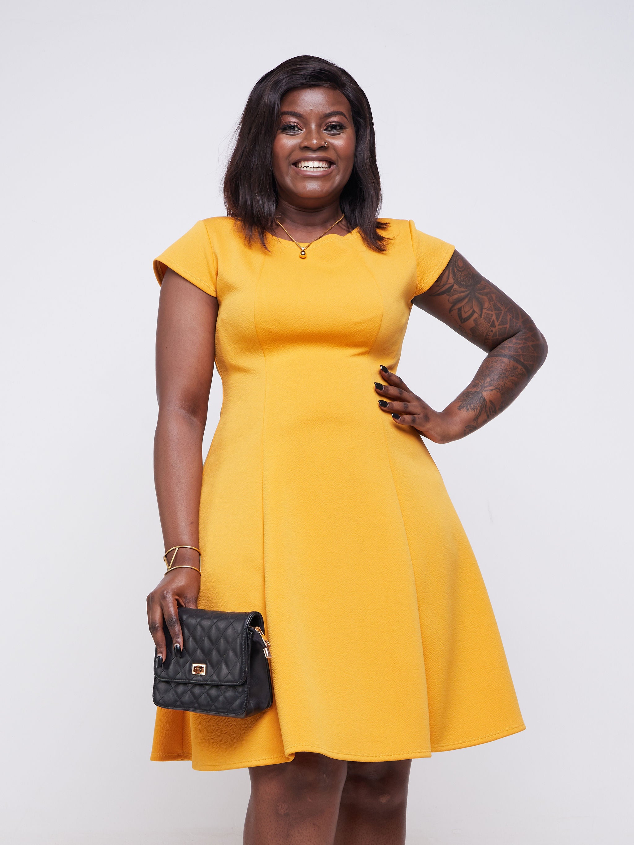 Vivo Hema Cap Sleeve A-Line Dress - Mustard