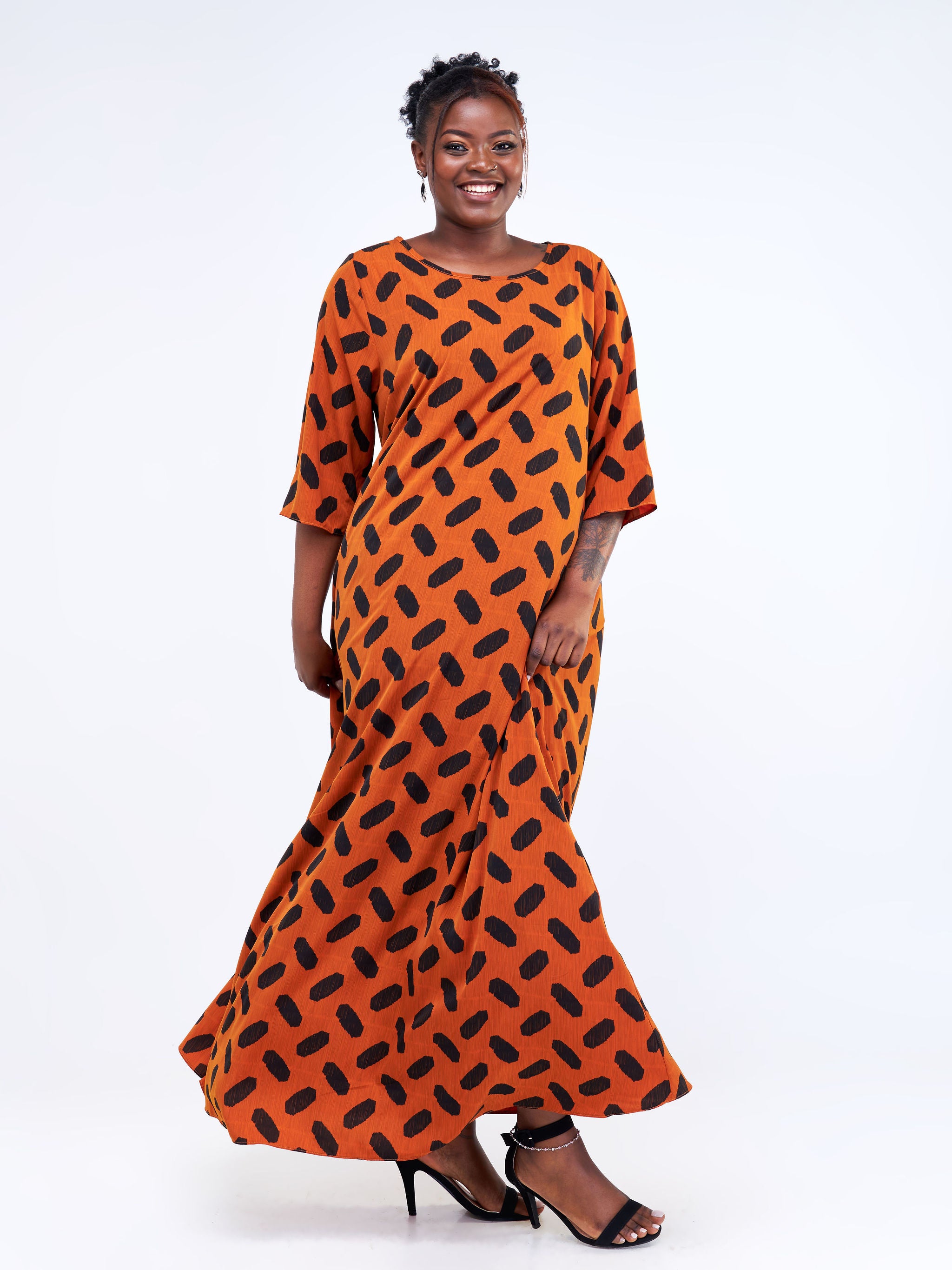 Vivo Basic 3/4 Sleeve Tent Maxi Dress - Rust / Black Abstract Print