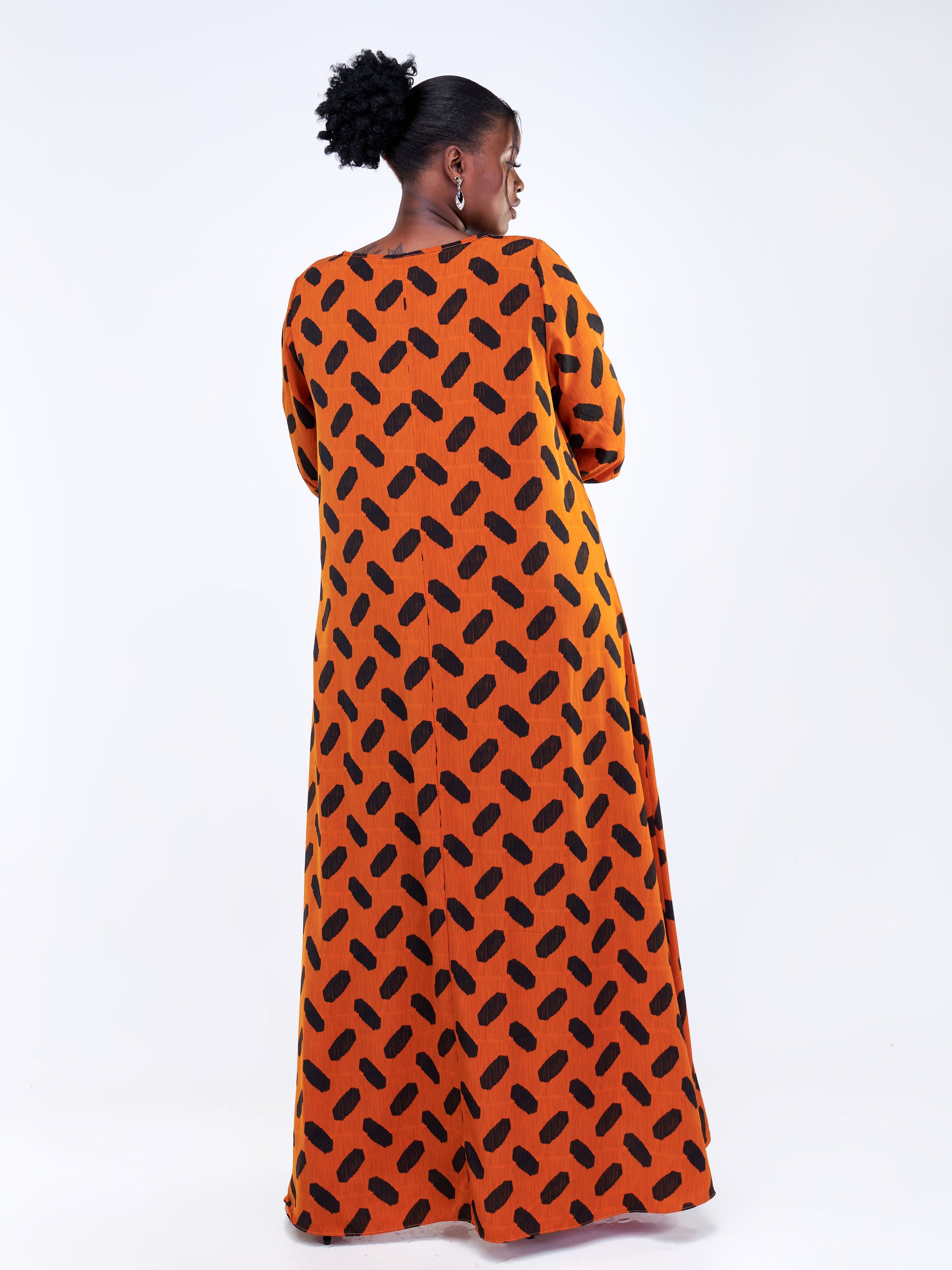 Vivo Basic 3/4 Sleeve Tent Maxi Dress - Rust / Black Abstract Print
