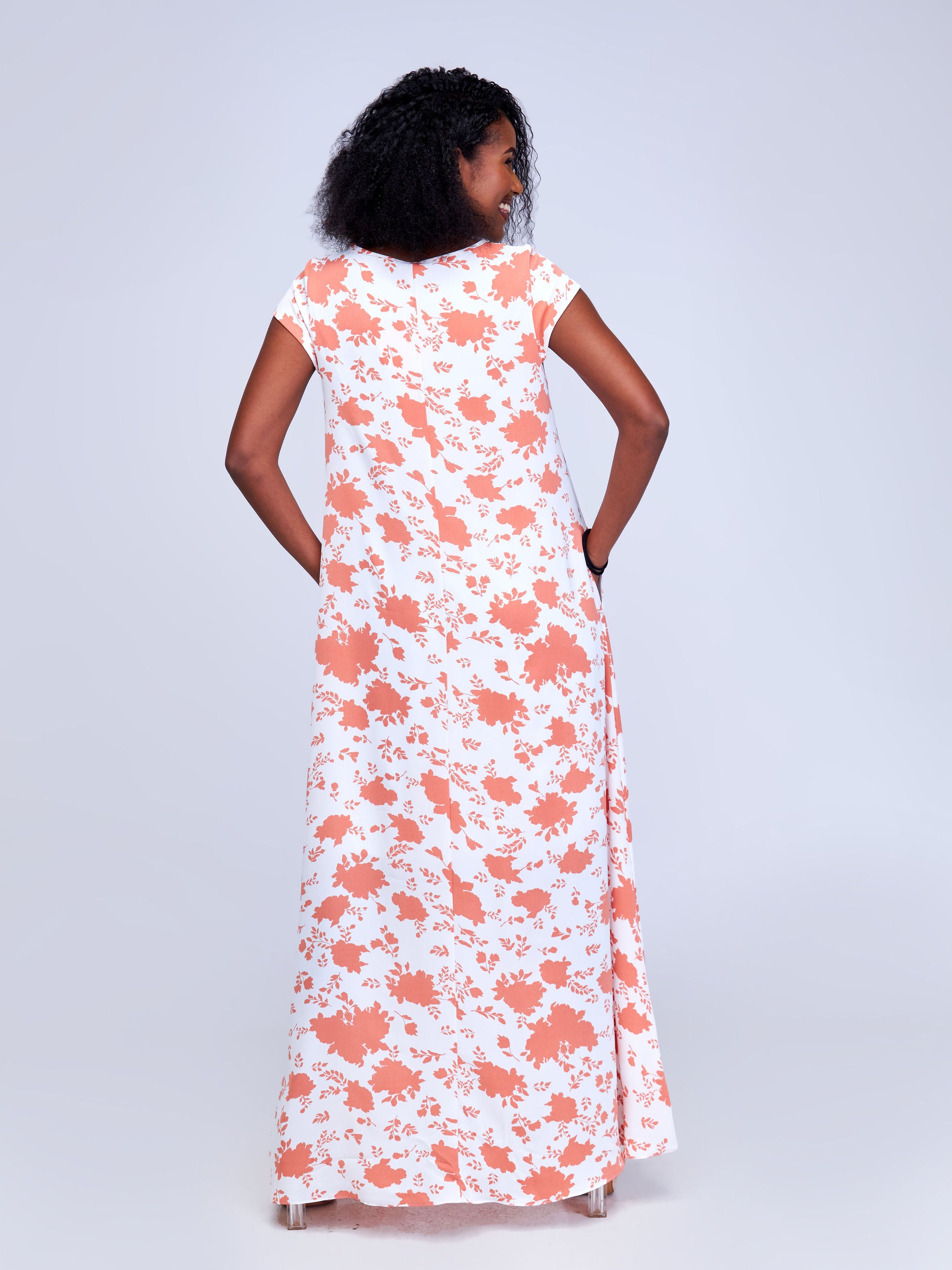 Vivo Basic Cap Sleeve Maxi Tent Dress - White / Peach Floral Print