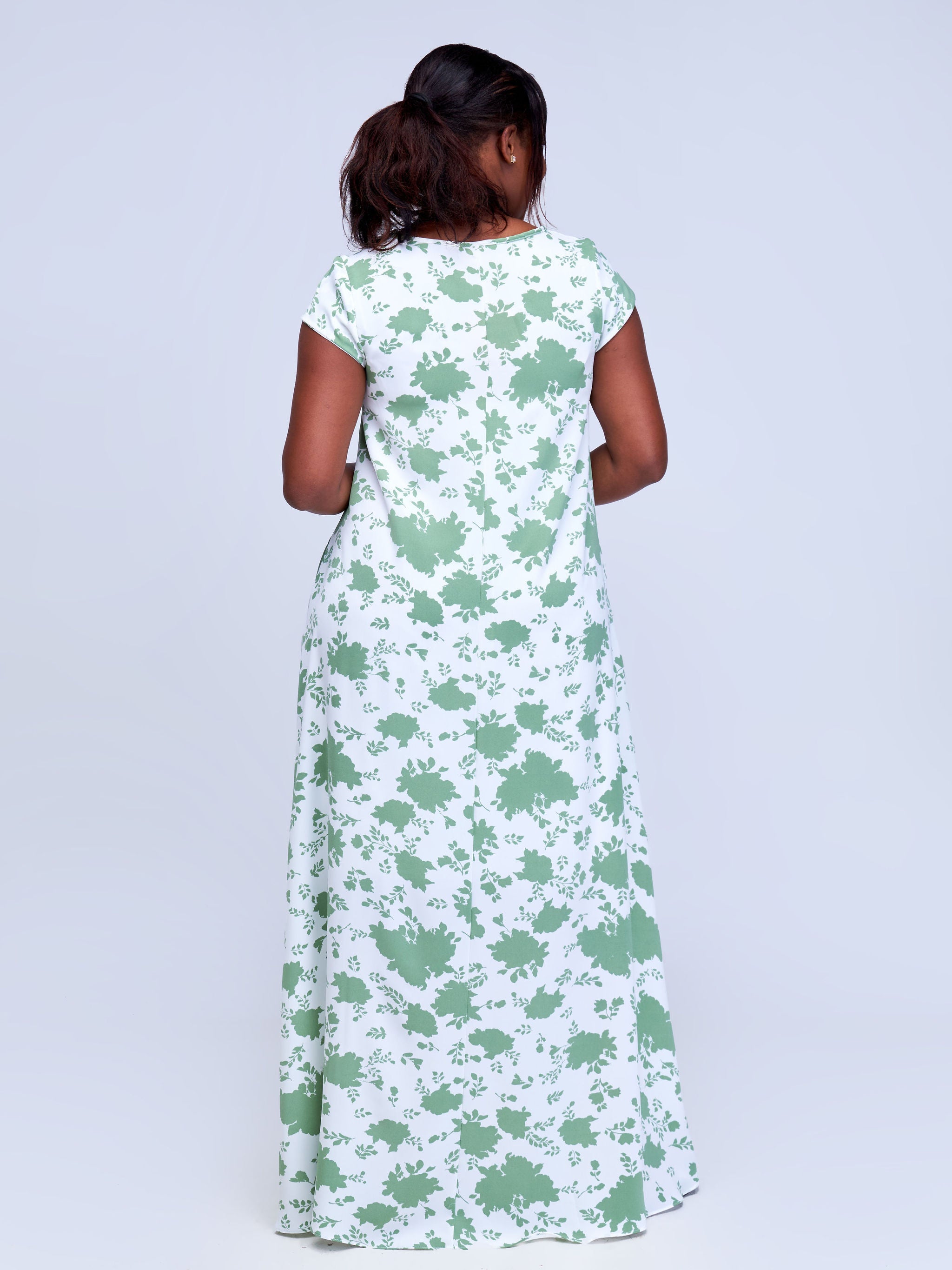 Vivo Basic Cap Sleeve Maxi Tent Dress - White / Light Green Floral Print
