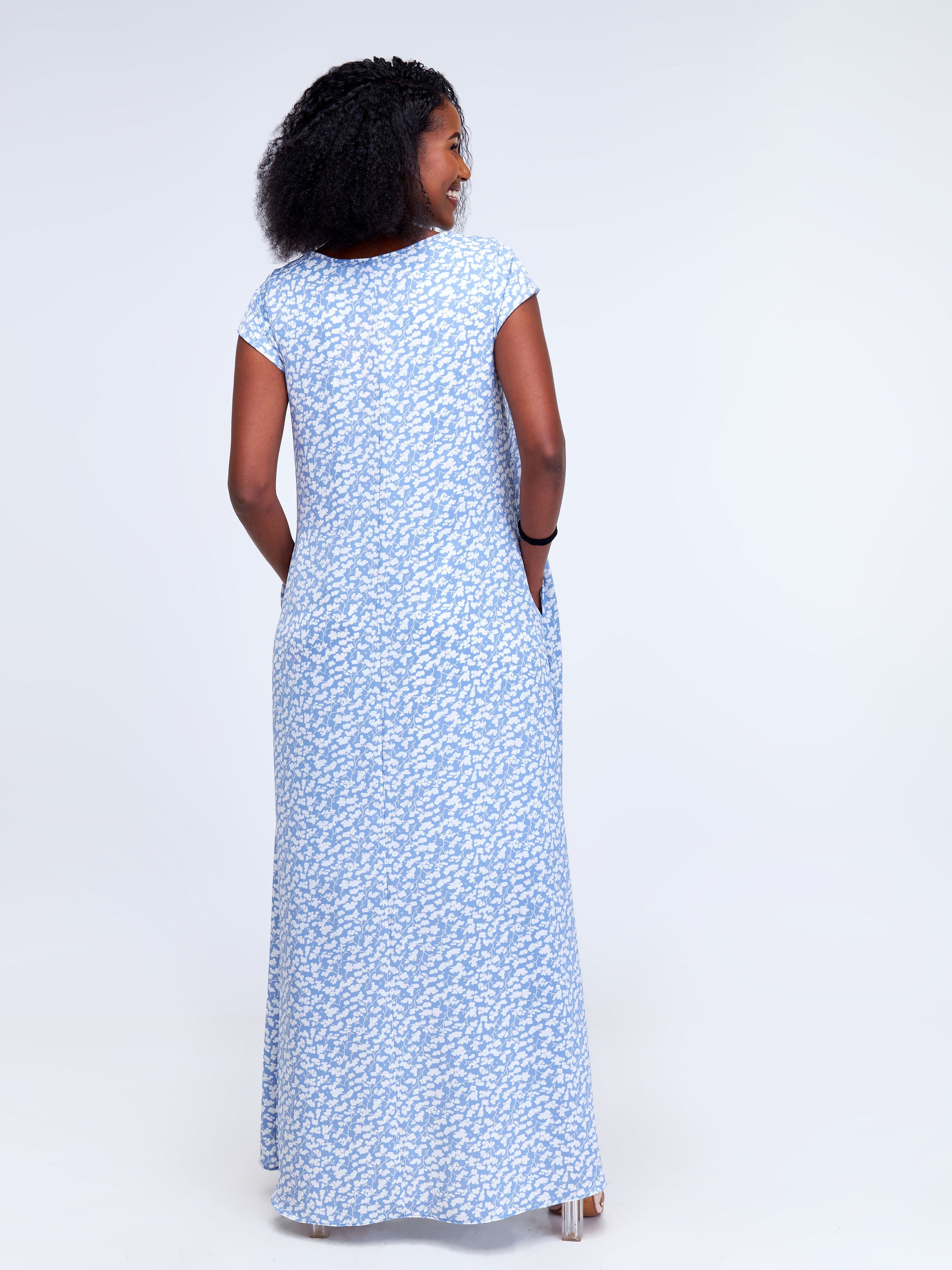 Vivo Basic Cap Sleeved Tent Maxi Dress - White / Light Blue Floral Print