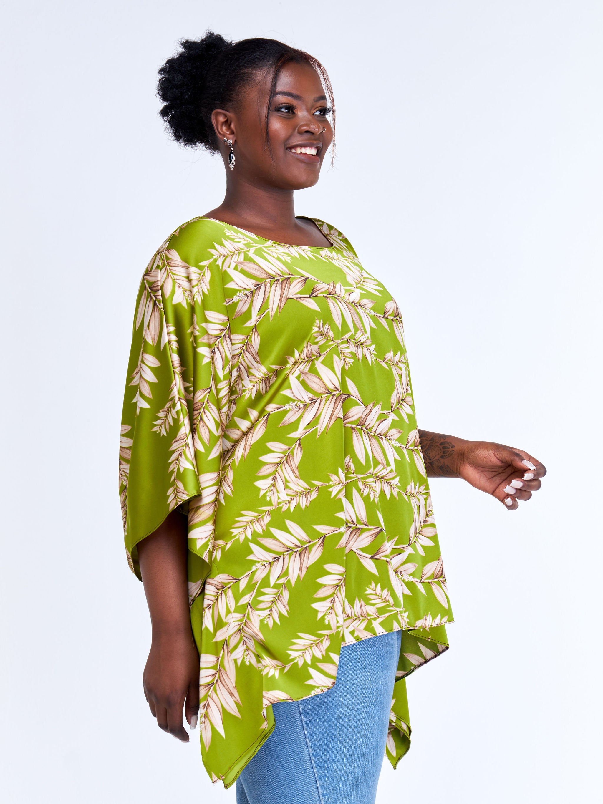 Vivo Ayana Wide Top - Green / Taupe Leaf Print