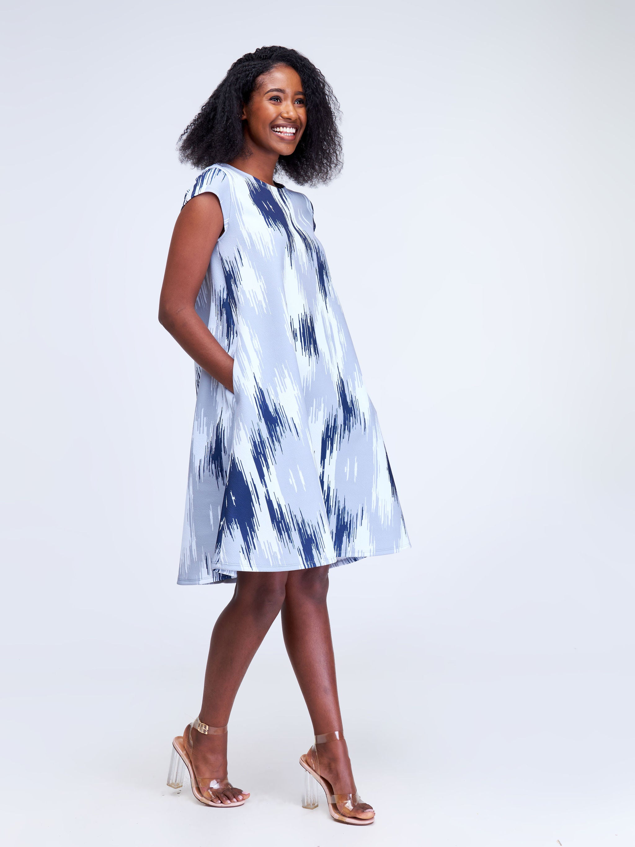 Vivo Hema Cap Sleeve Tent Knee Length Dress - Navy Blue / Grey Abstact Print