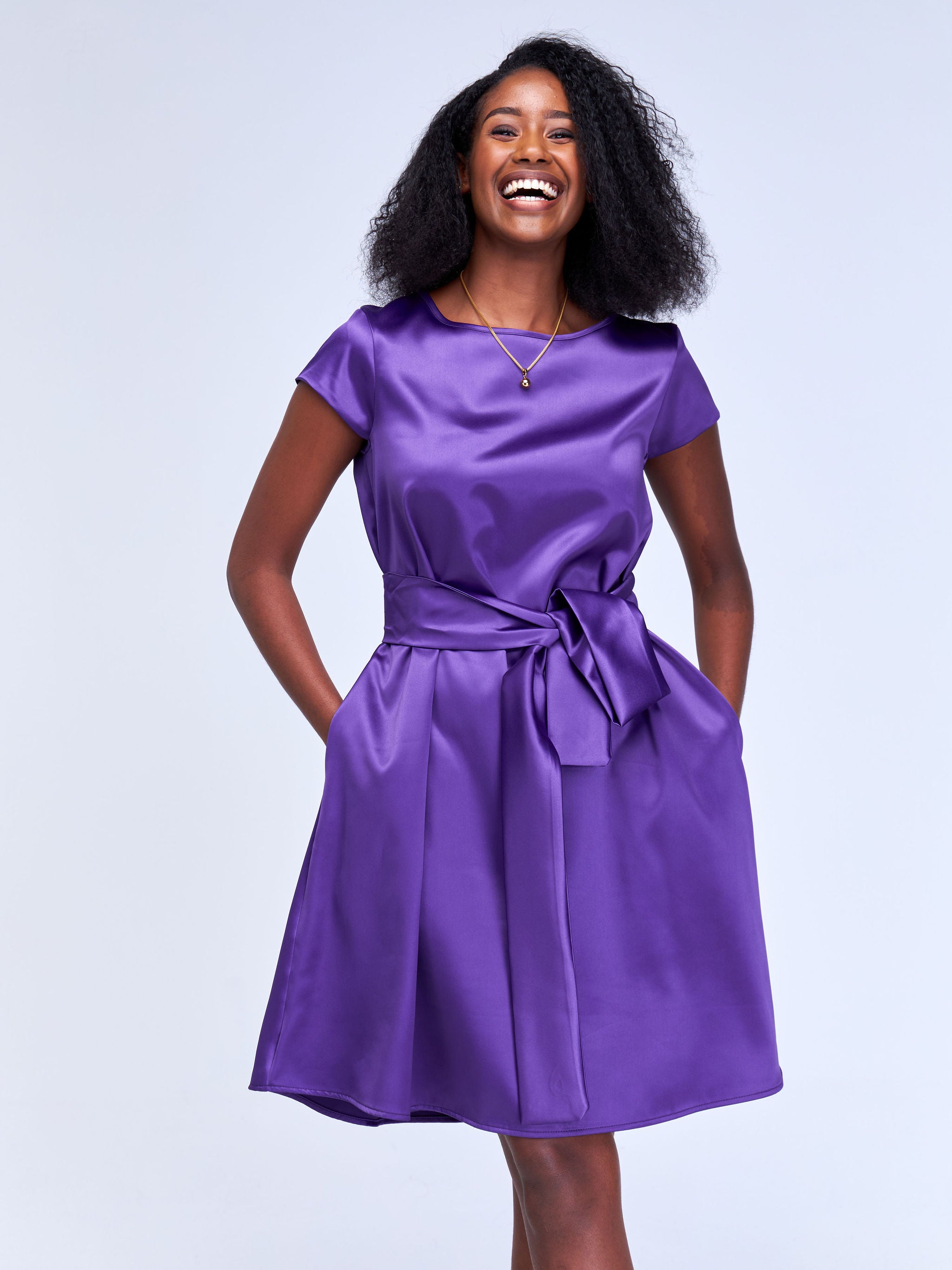 Vivo Basic Satin Cap Sleeve Knee Length Dress - Purple