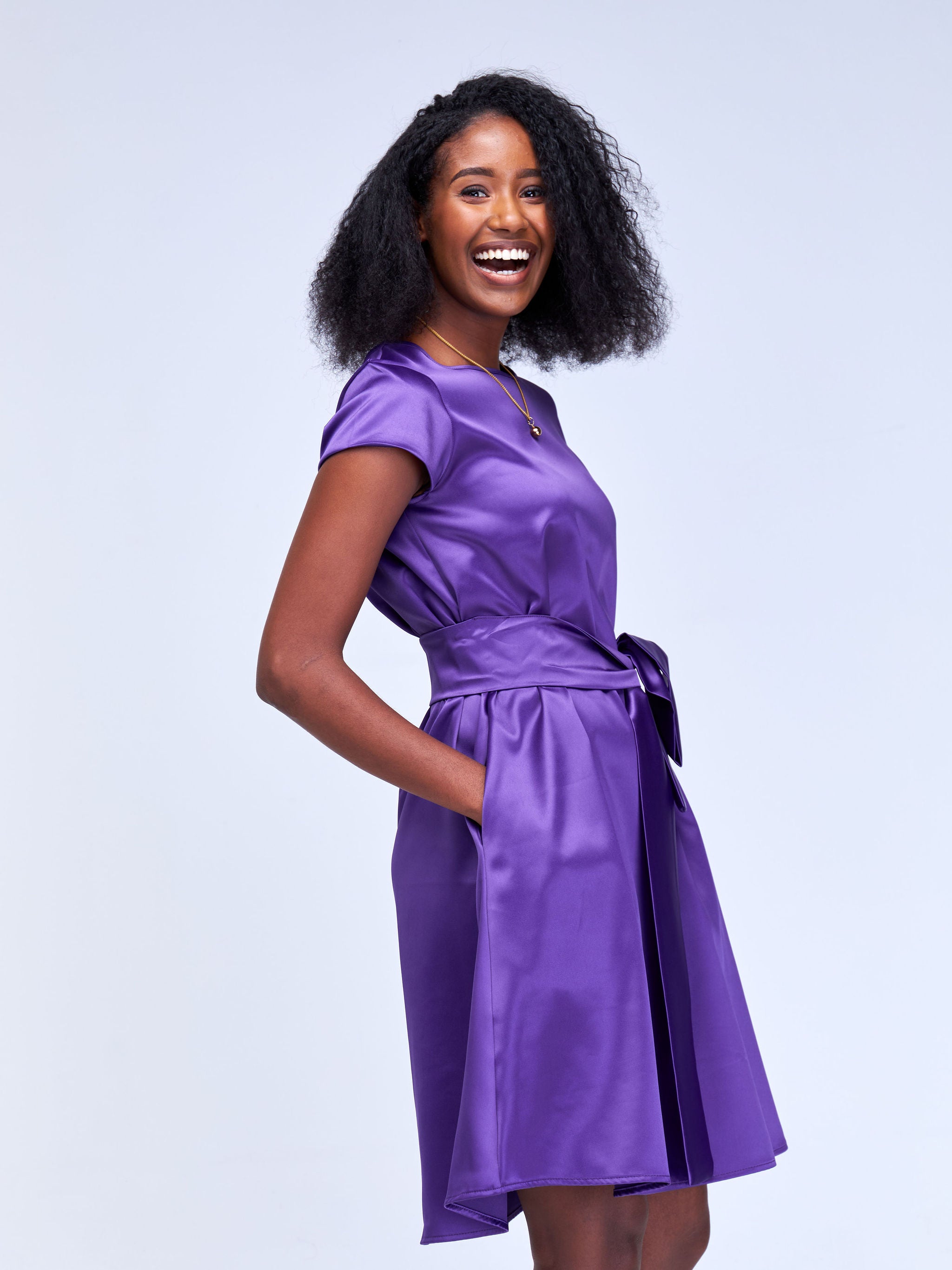 Vivo Basic Satin Cap Sleeve Knee Length Dress - Purple