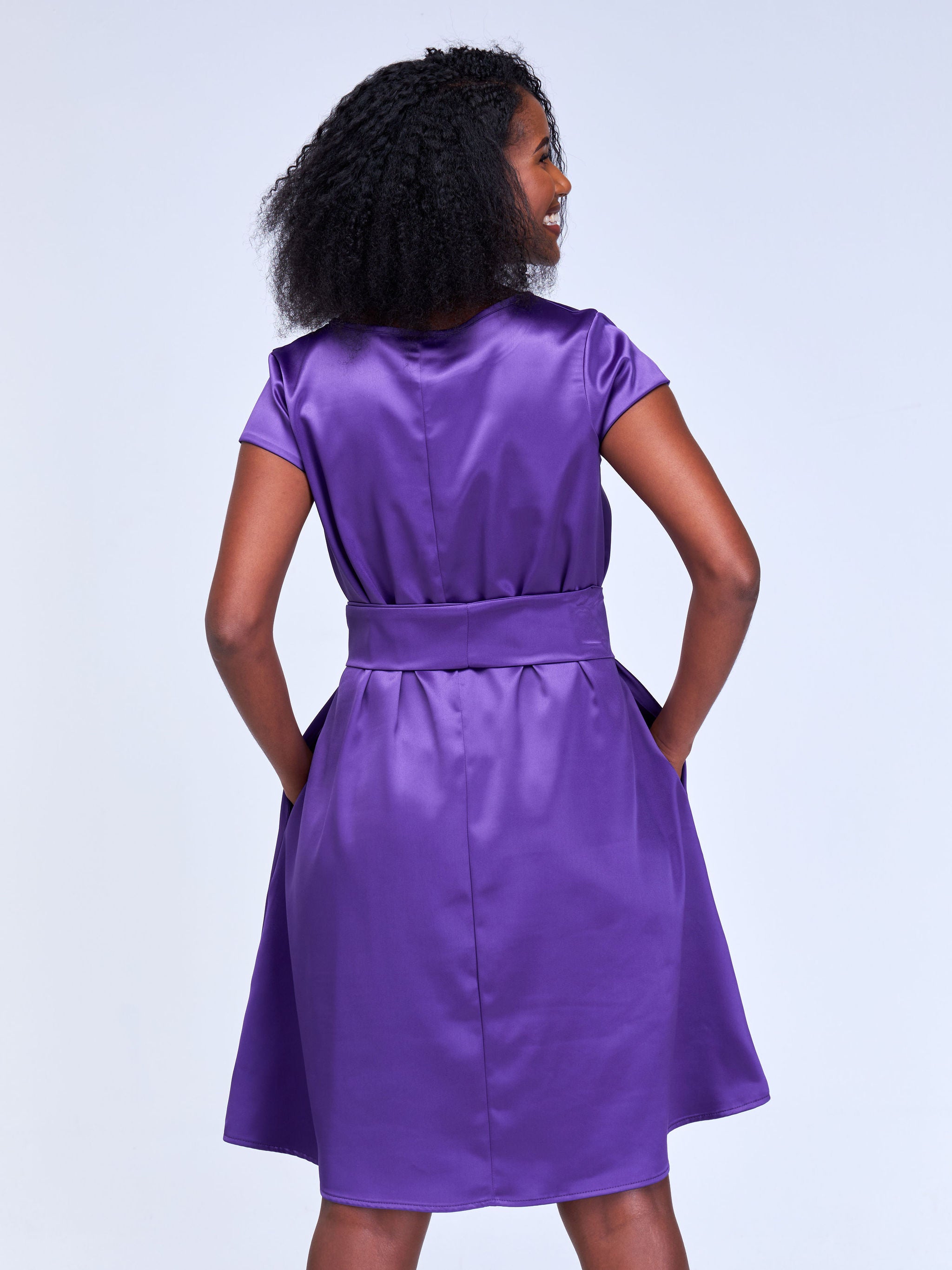 Vivo Basic Satin Cap Sleeve Knee Length Dress - Purple