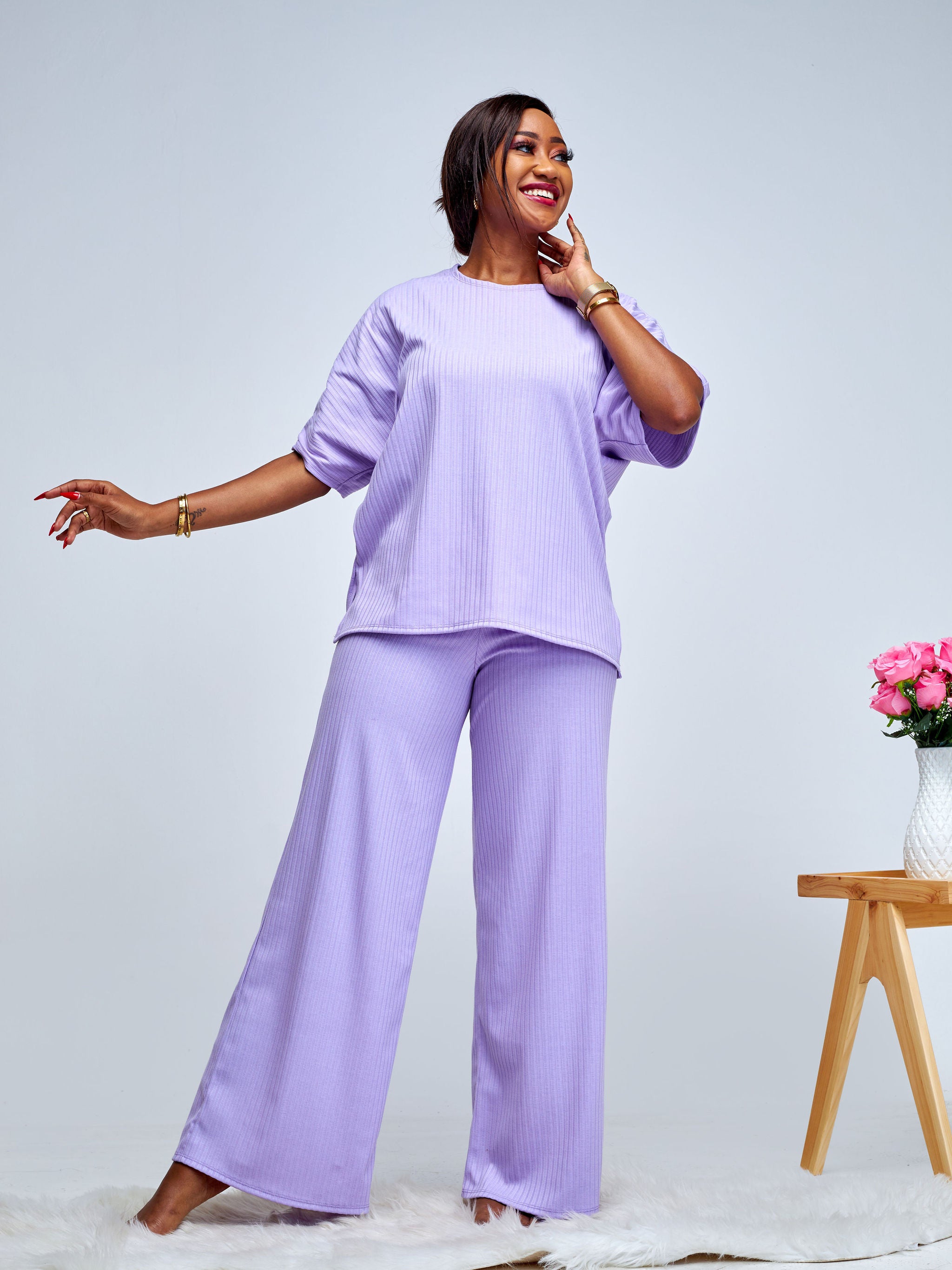 Vivo Amali Wide Leg Rib Pants - Lilac