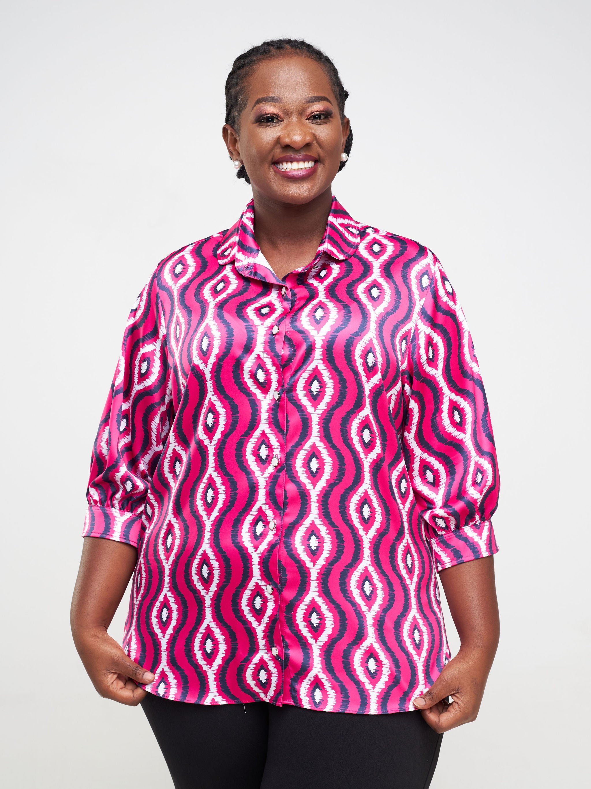 Vivo Neza 3/4 Bishop Sleeve Shirt - Pink / Navy Blue Abstract Print
