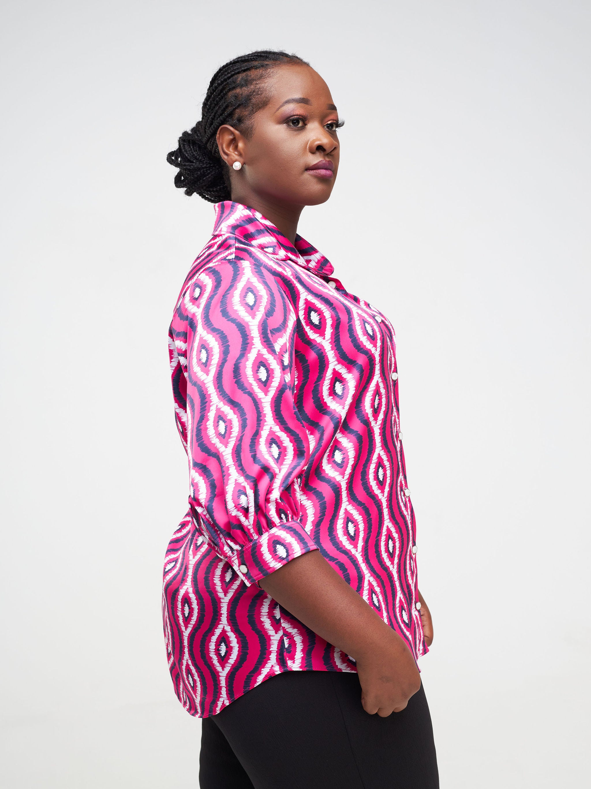 Vivo Neza 3/4 Bishop Sleeve Shirt - Pink / Navy Blue Abstract Print