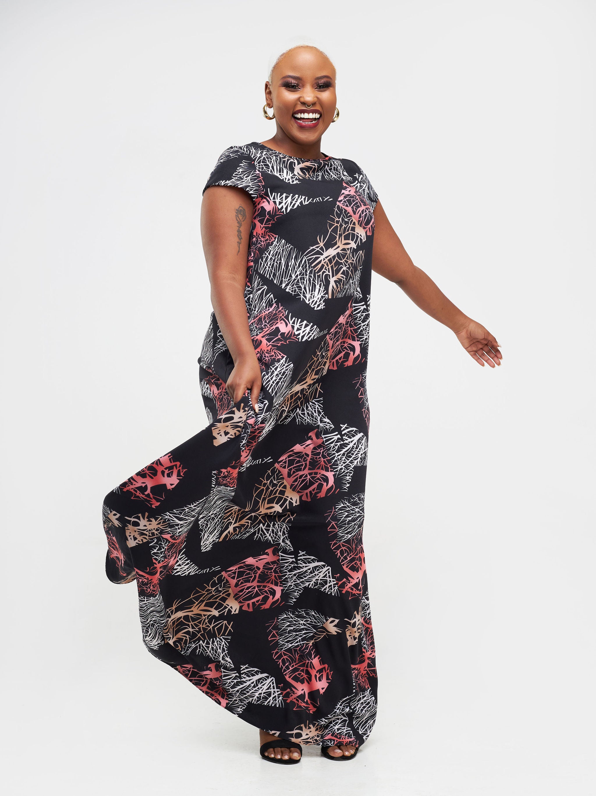 Vivo Basic Cap Sleeve Maxi Tent Dress - Black / Brown Floral Print