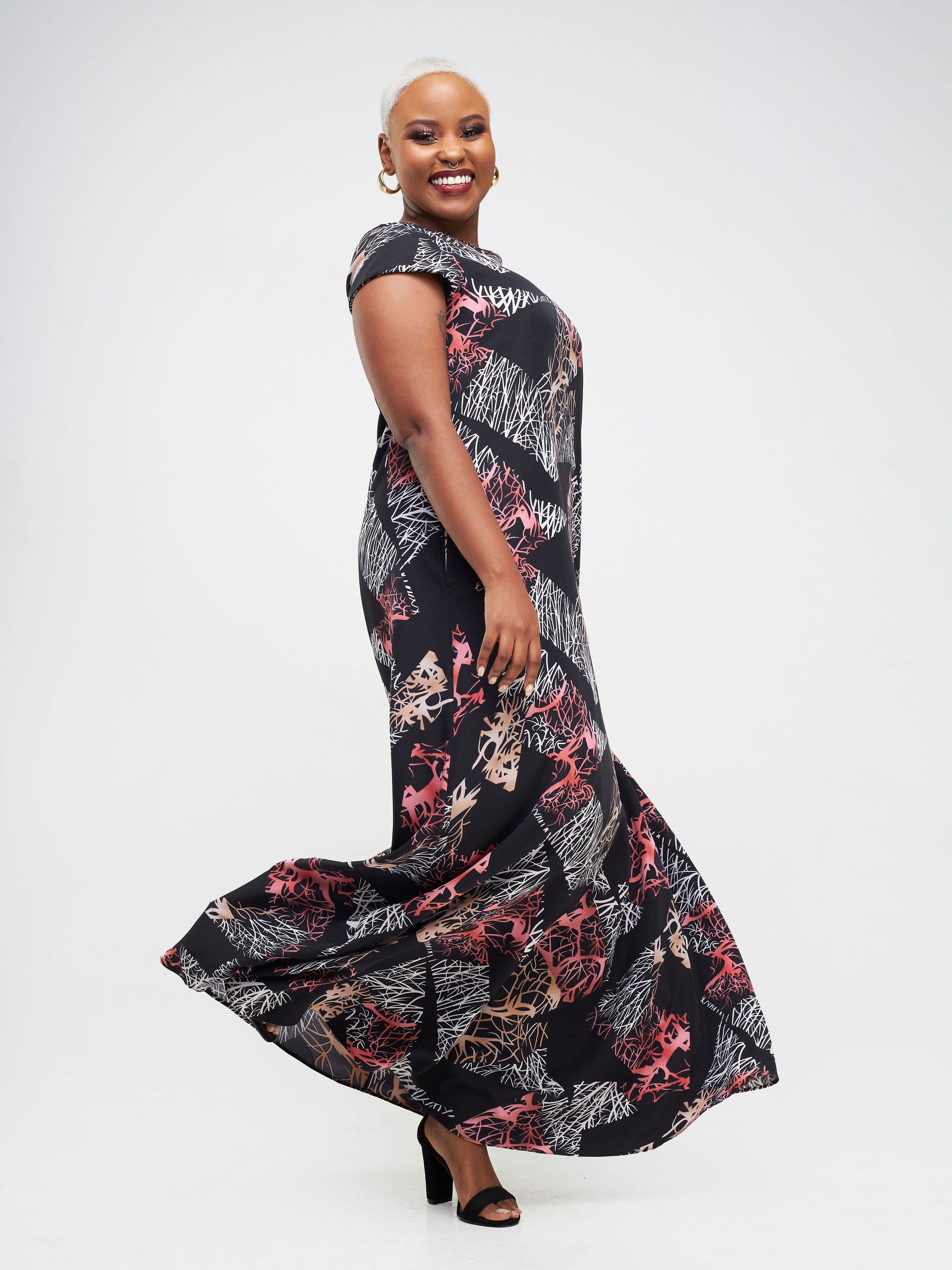 Vivo Basic Cap Sleeve Maxi Tent Dress - Black / Brown Floral Print