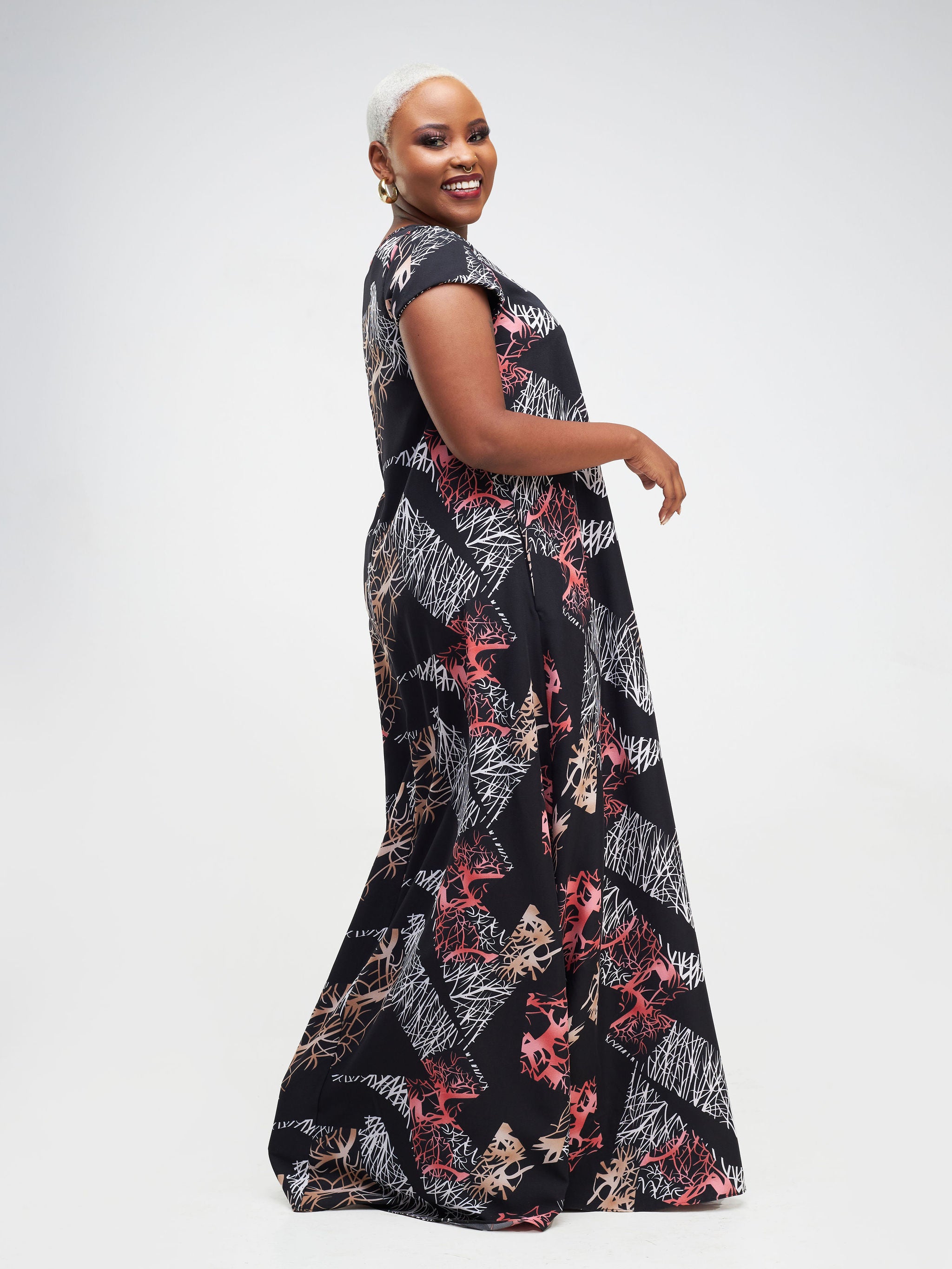 Vivo Basic Cap Sleeve Maxi Tent Dress - Black / Brown Floral Print