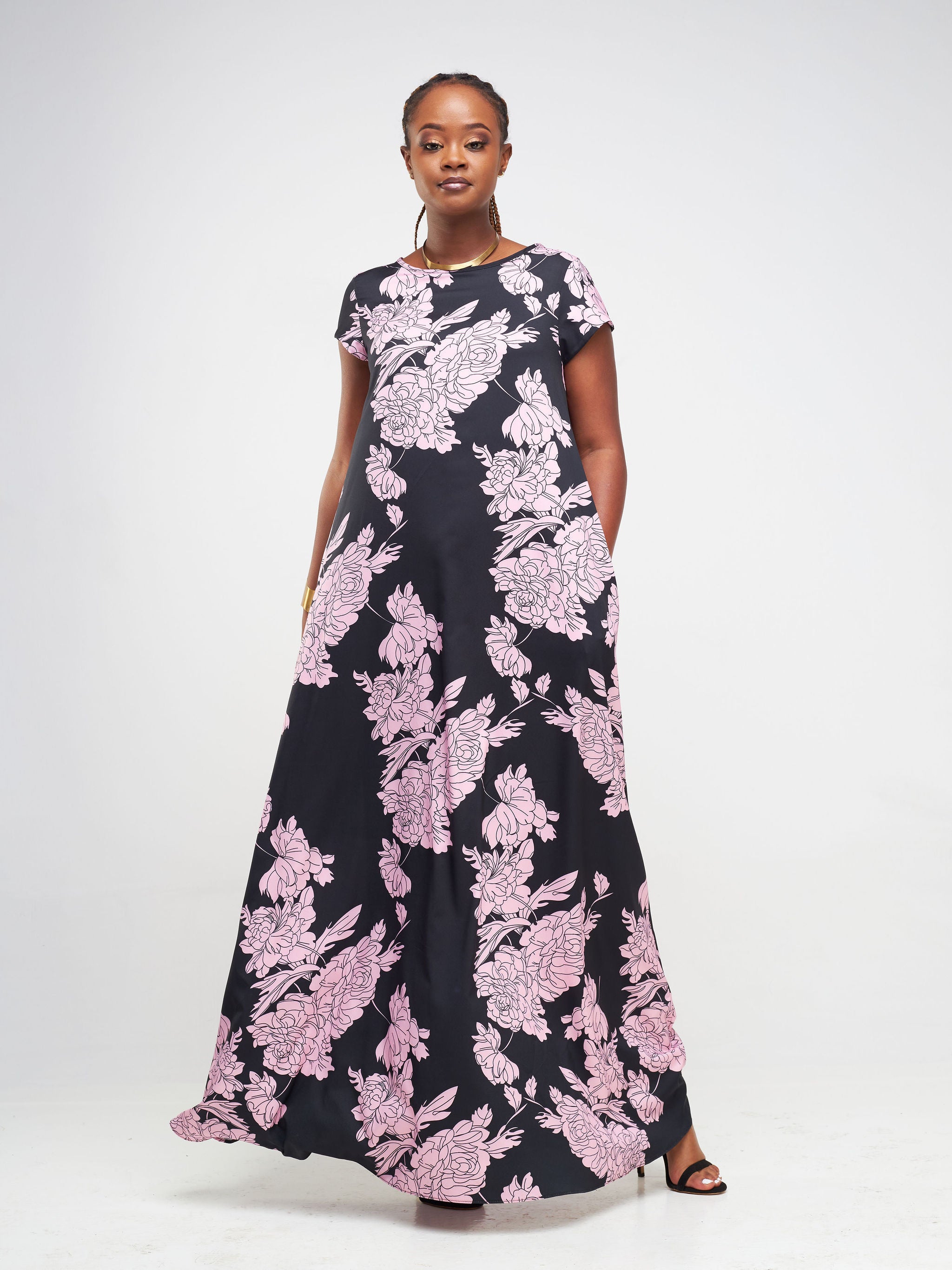 Vivo Basic Cap Sleeve Maxi Tent Dress - Peach / Black Floral Print