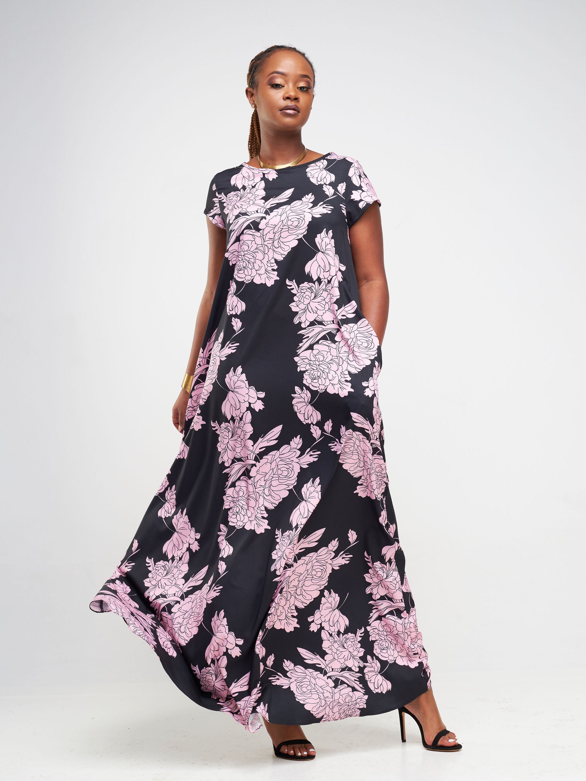 Vivo Basic Cap Sleeve Maxi Tent Dress - Peach / Black Floral Print