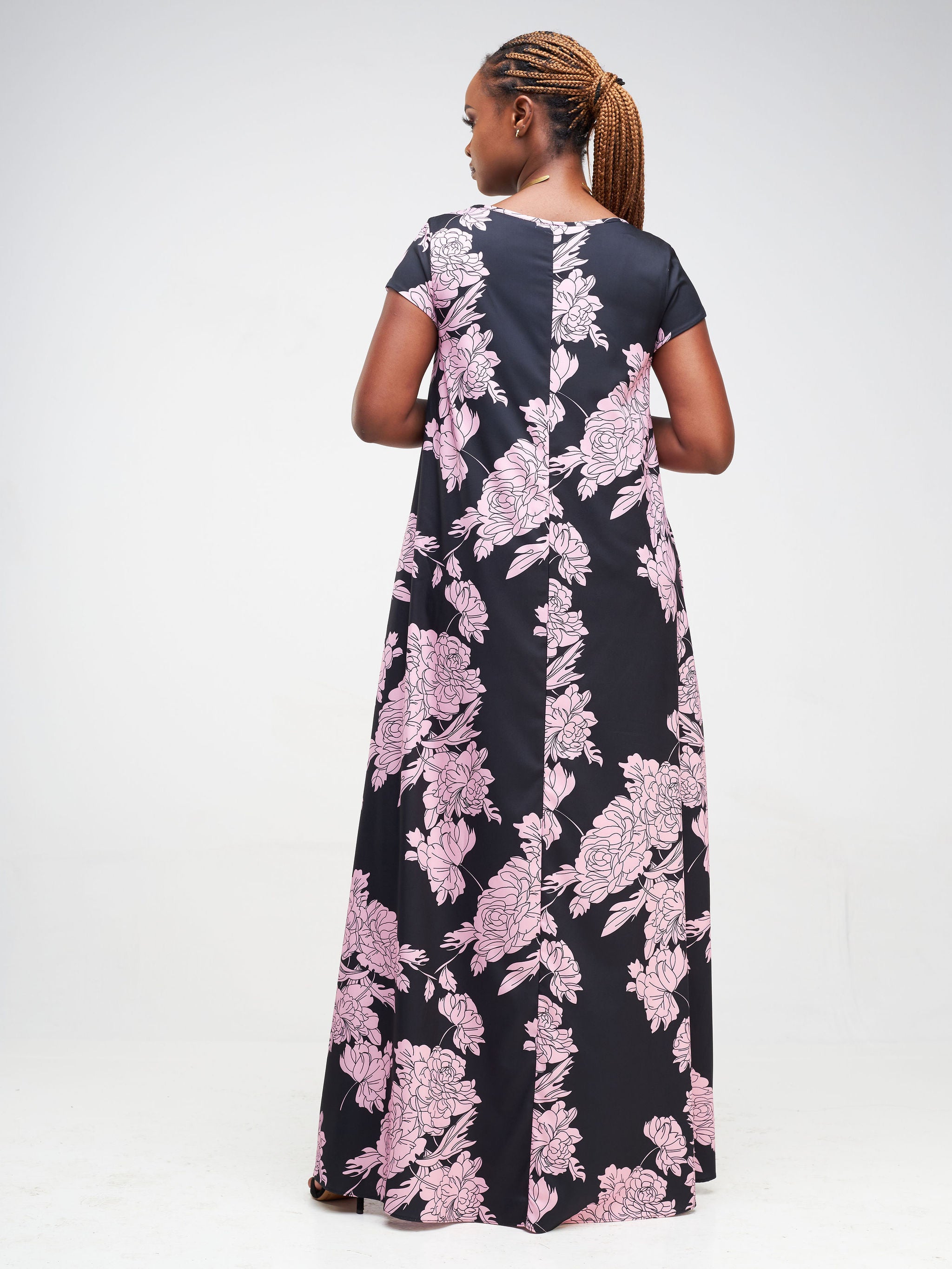 Vivo Basic Cap Sleeve Maxi Tent Dress - Peach / Black Floral Print