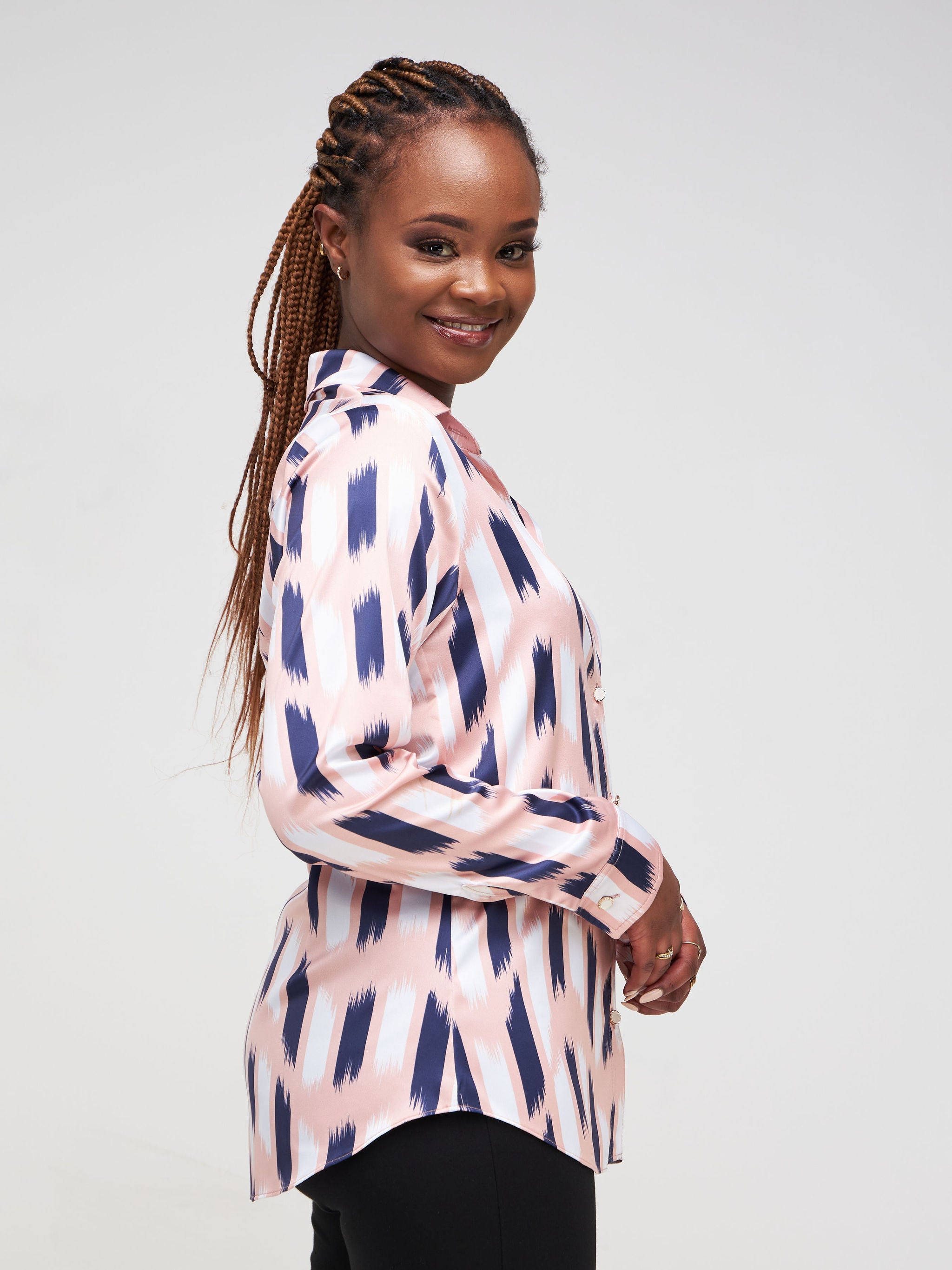Vivo Neza Satin Long Sleeve Shirt - Peach / Navy Blue Abstract Print