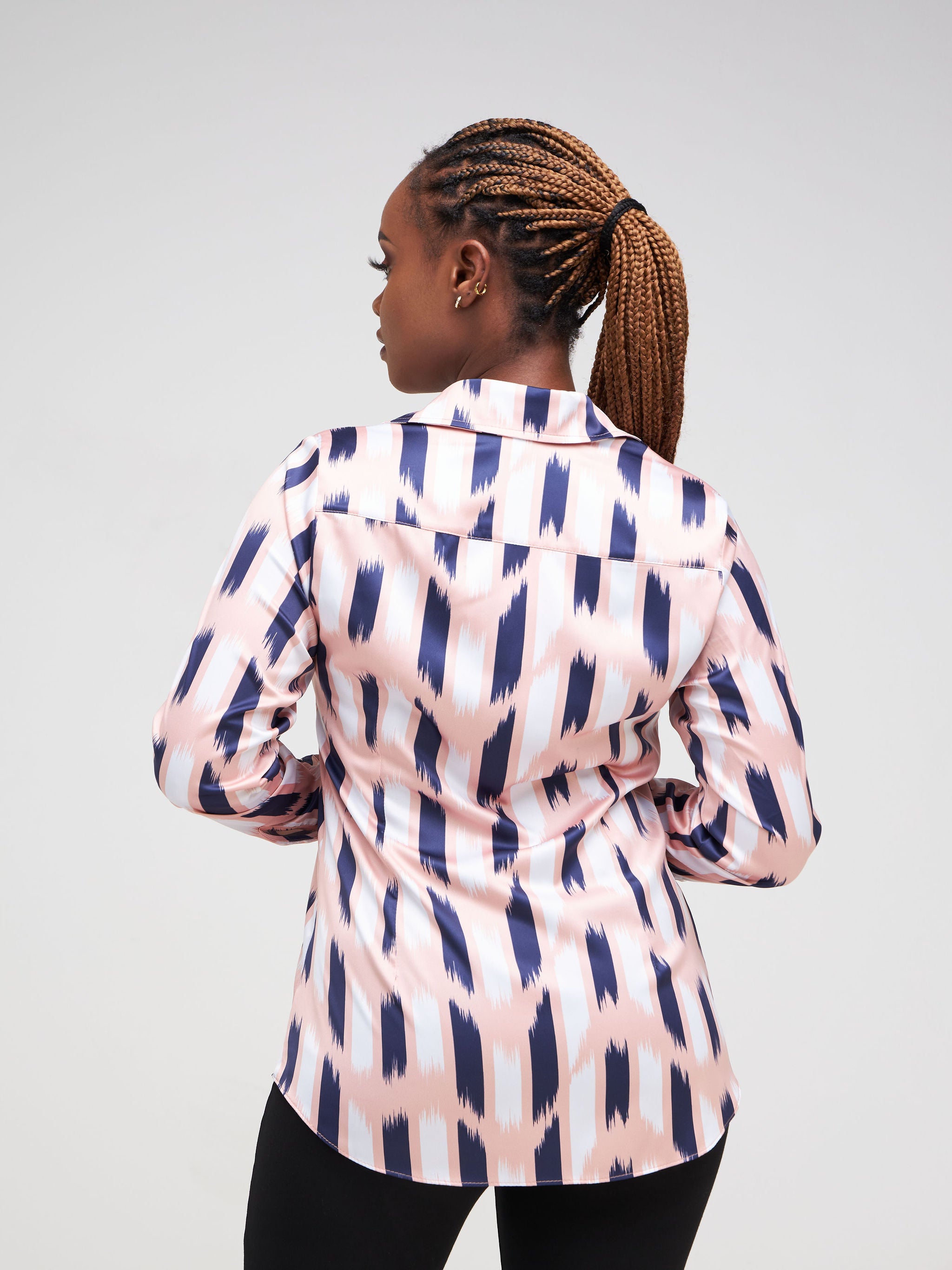 Vivo Neza Satin Long Sleeve Shirt - Peach / Navy Blue Abstract Print