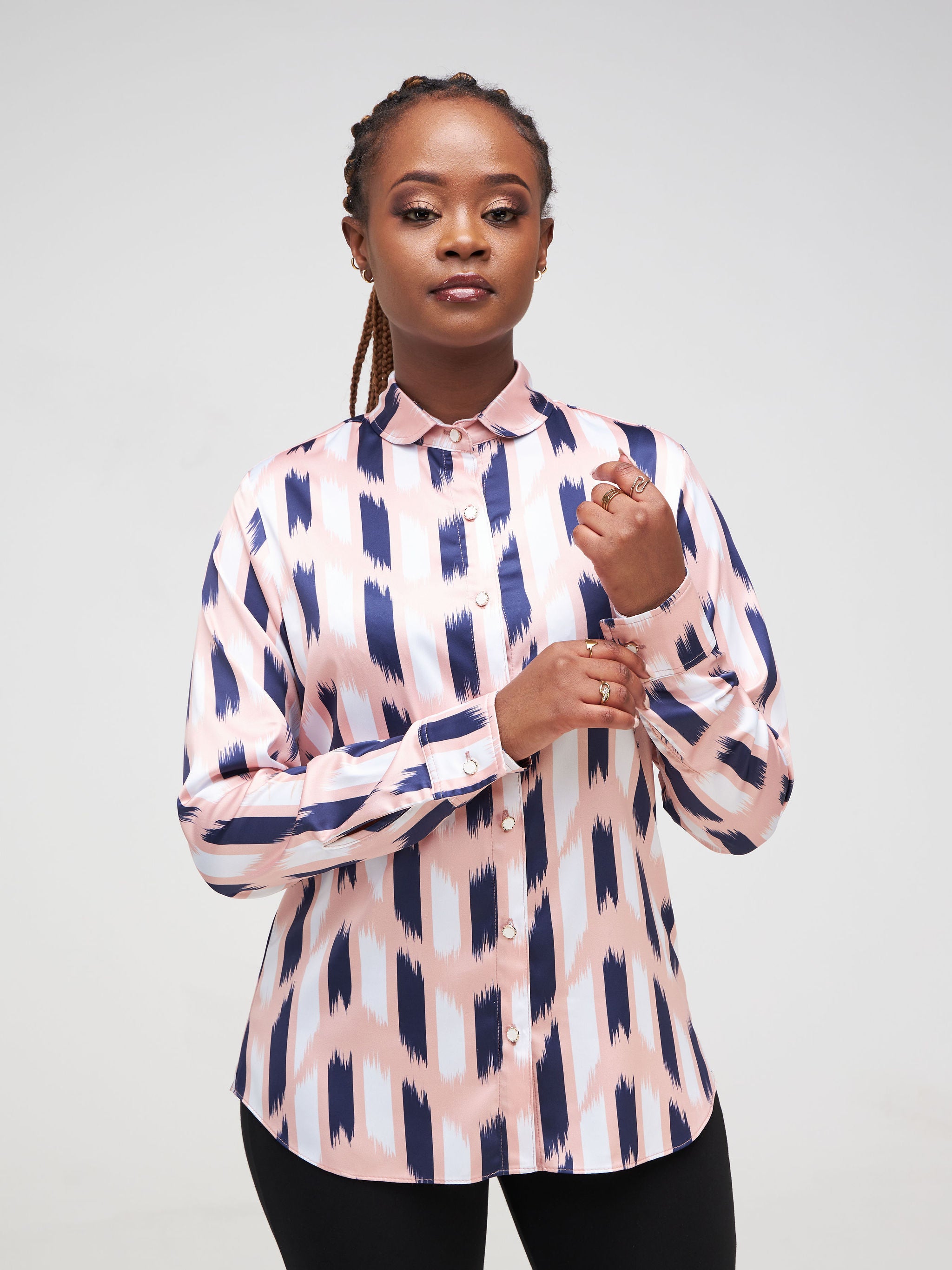 Vivo Neza Satin Long Sleeve Shirt - Peach / Navy Blue Abstract Print