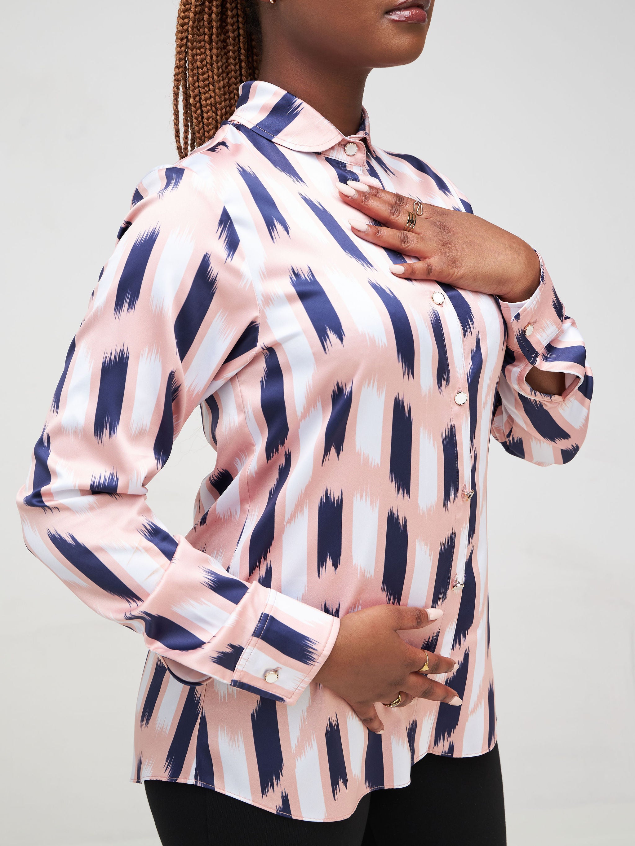 Vivo Neza Satin Long Sleeve Shirt - Peach / Navy Blue Abstract Print