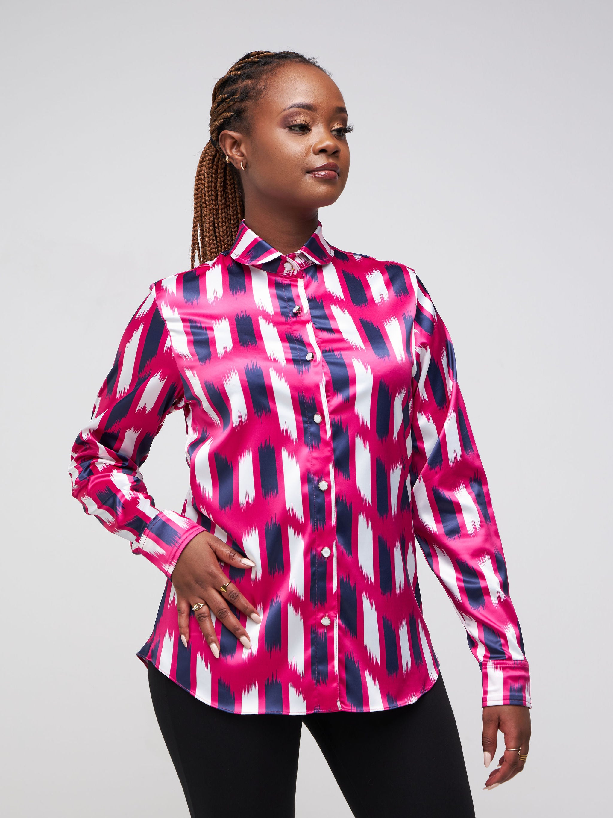 Vivo Neza Satin Long Sleeve Shirt - Pink / Navy Blue Abstract Print