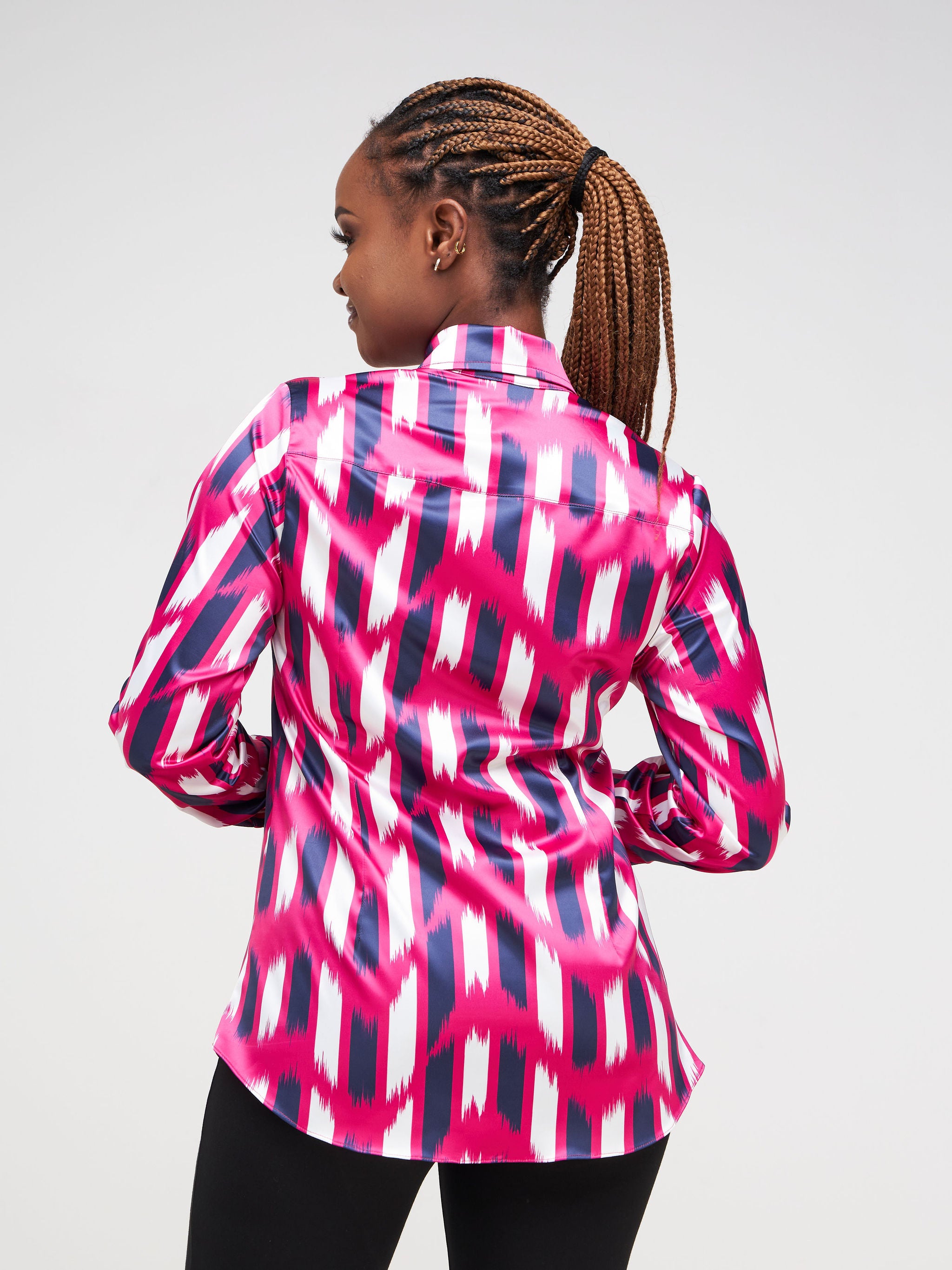 Vivo Neza Satin Long Sleeve Shirt - Pink / Navy Blue Abstract Print