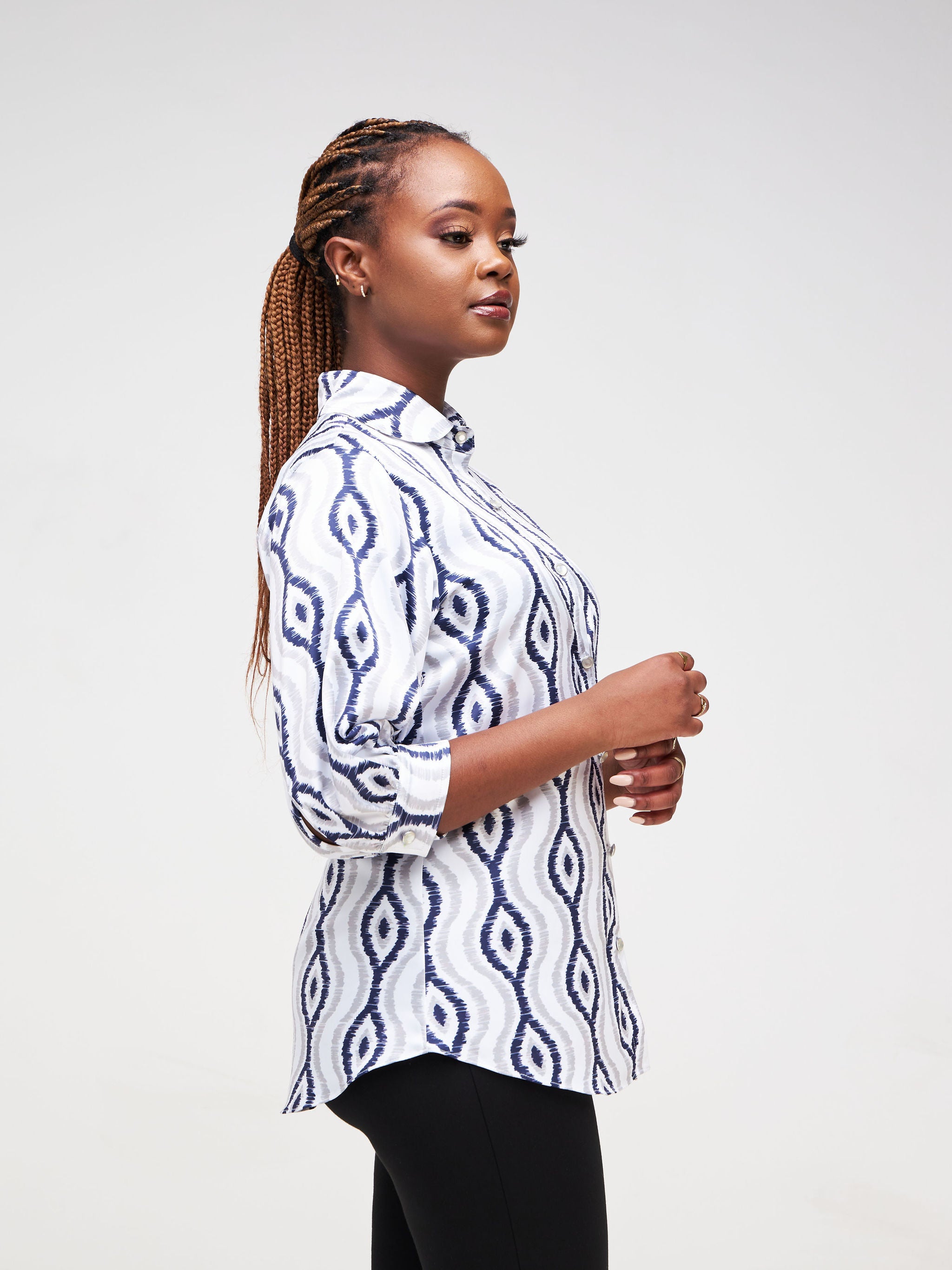 Vivo Neza 3/4 Bishop Sleeve Shirt - Navy Blue / Grey Abstract Print