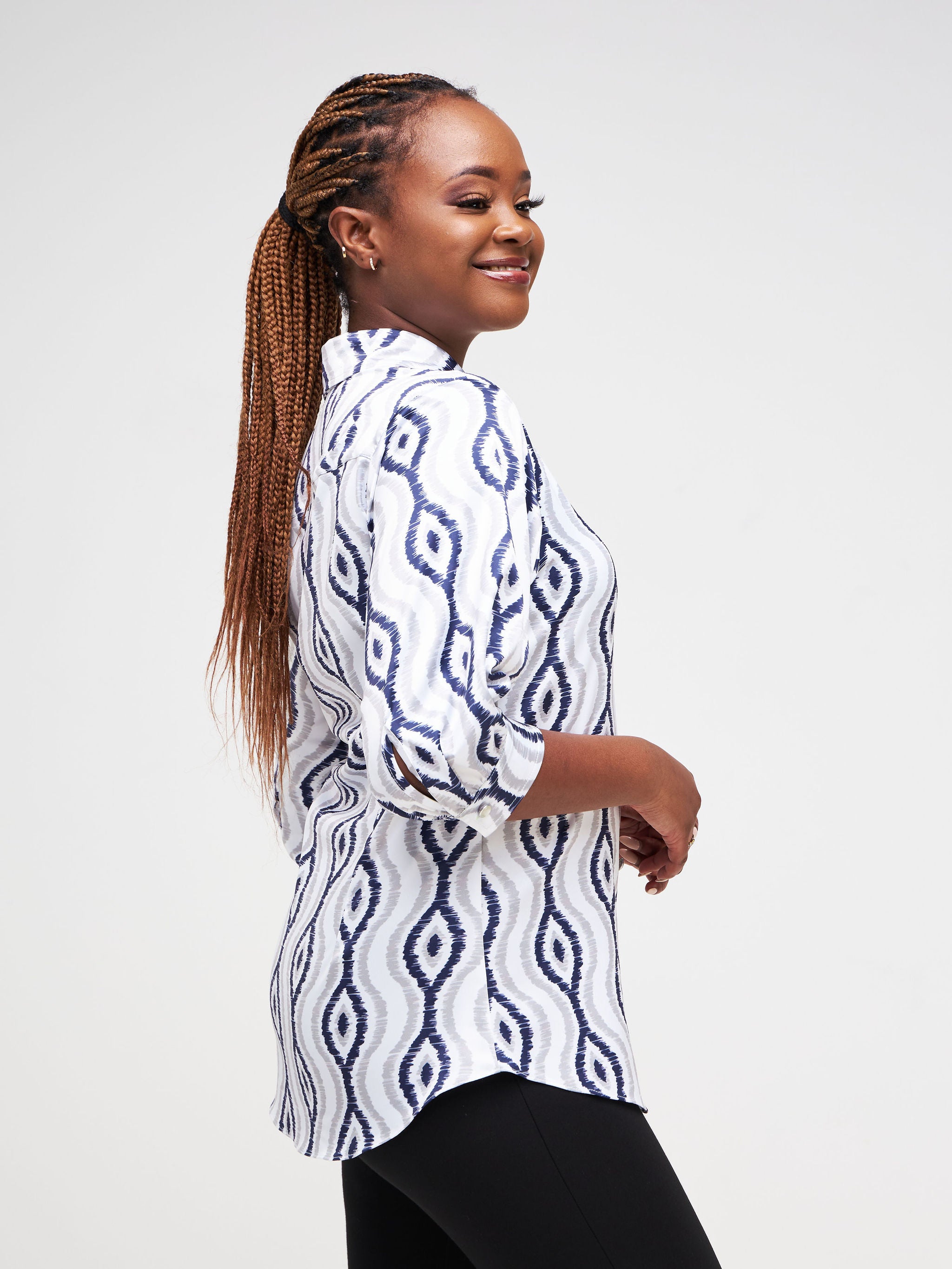 Vivo Neza 3/4 Bishop Sleeve Shirt - Navy Blue / Grey Abstract Print