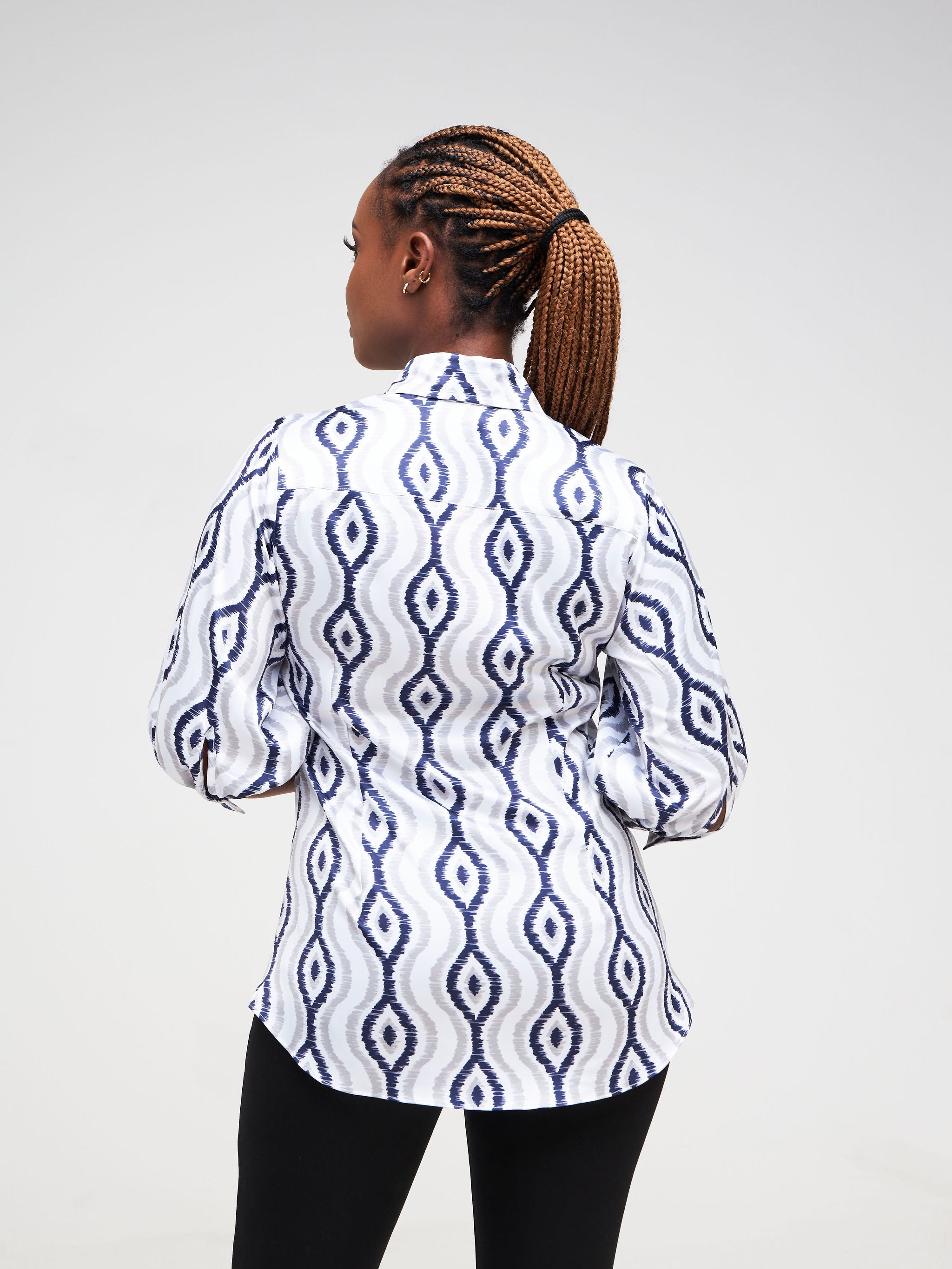 Vivo Neza 3/4 Bishop Sleeve Shirt - Navy Blue / Grey Abstract Print