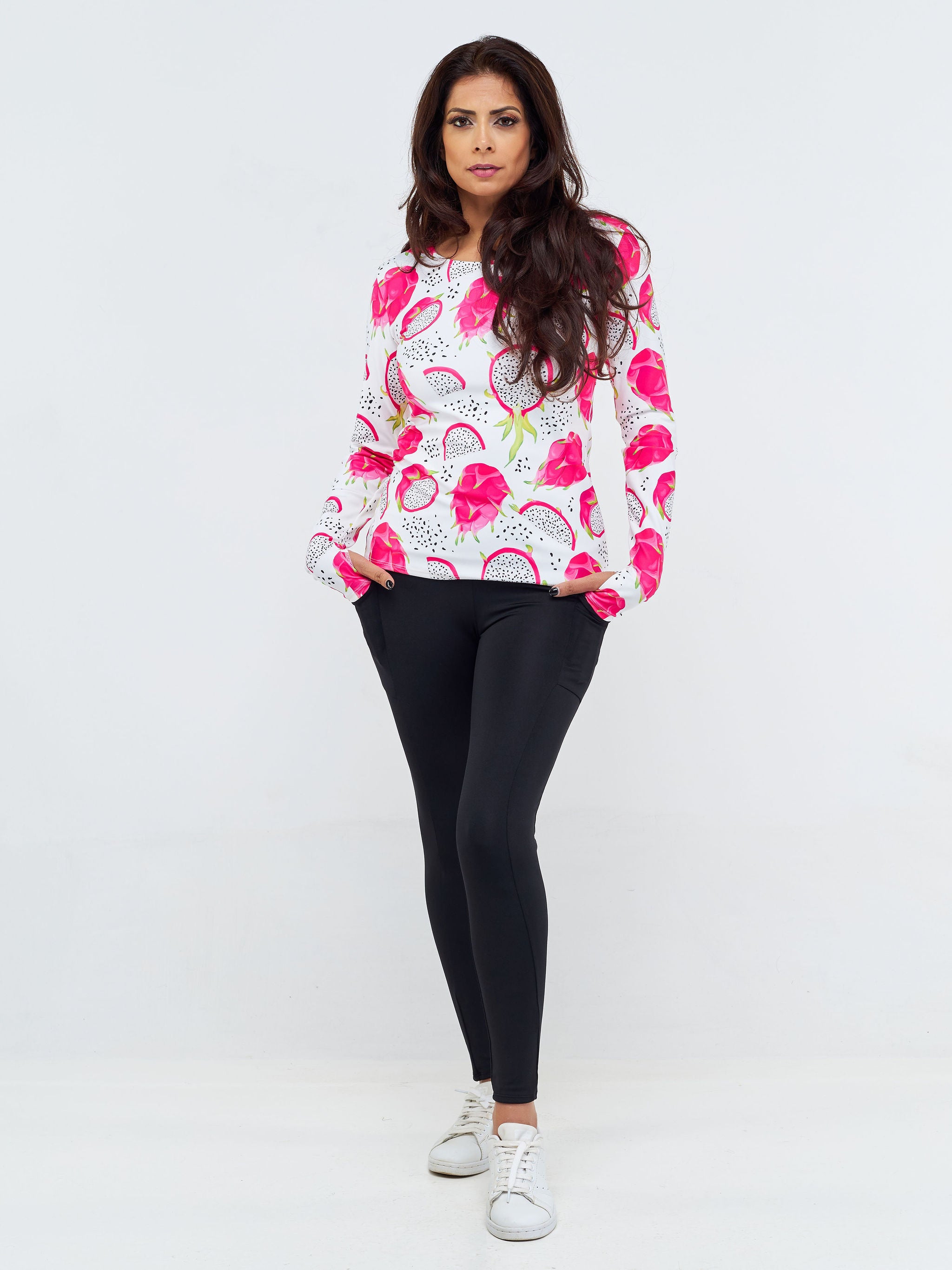 Vivo X Pinky Long Sleeve Fitness Top - White / Pink Abstract Print