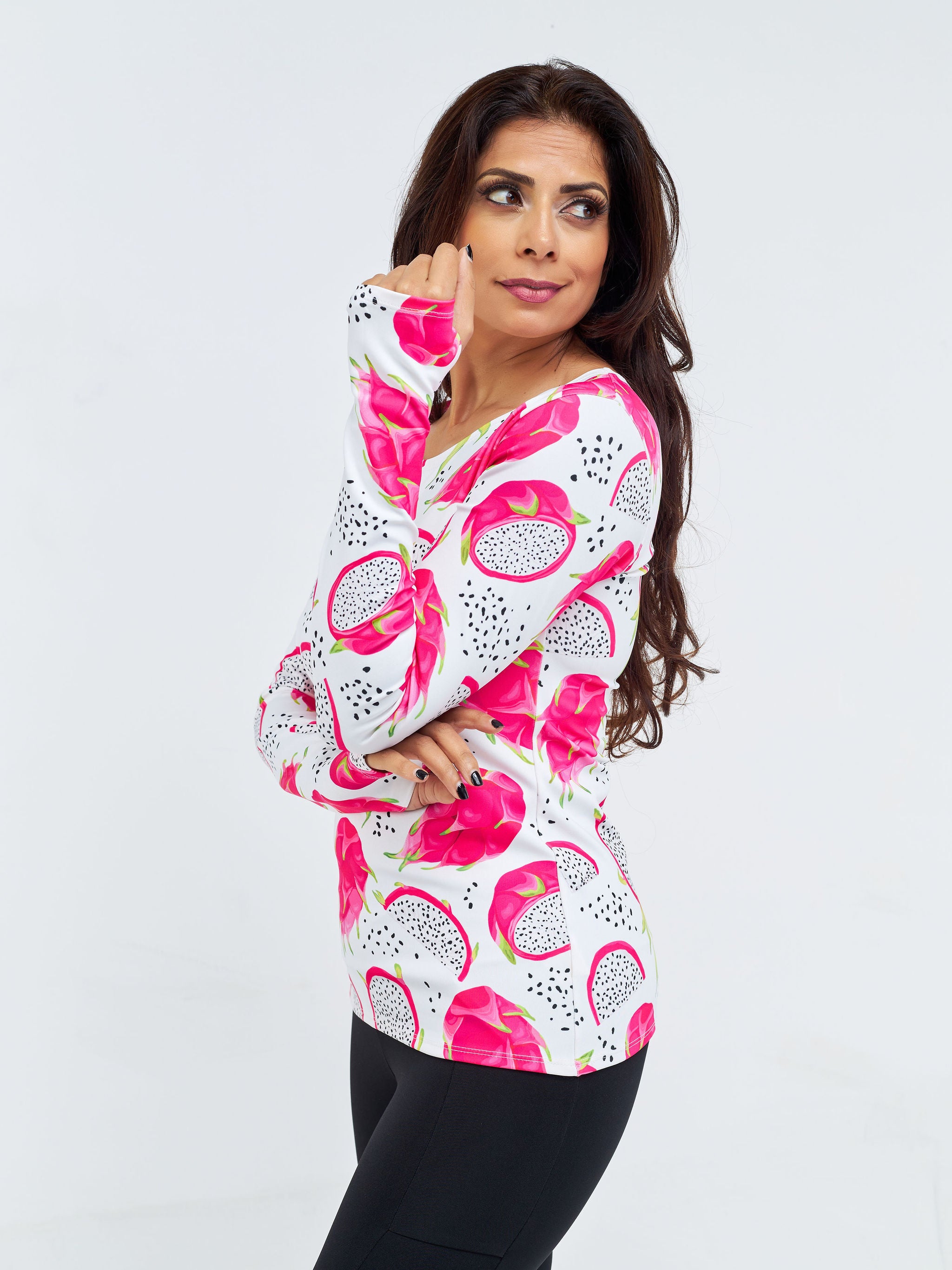 Vivo X Pinky Long Sleeve Fitness Top - White / Pink Abstract Print