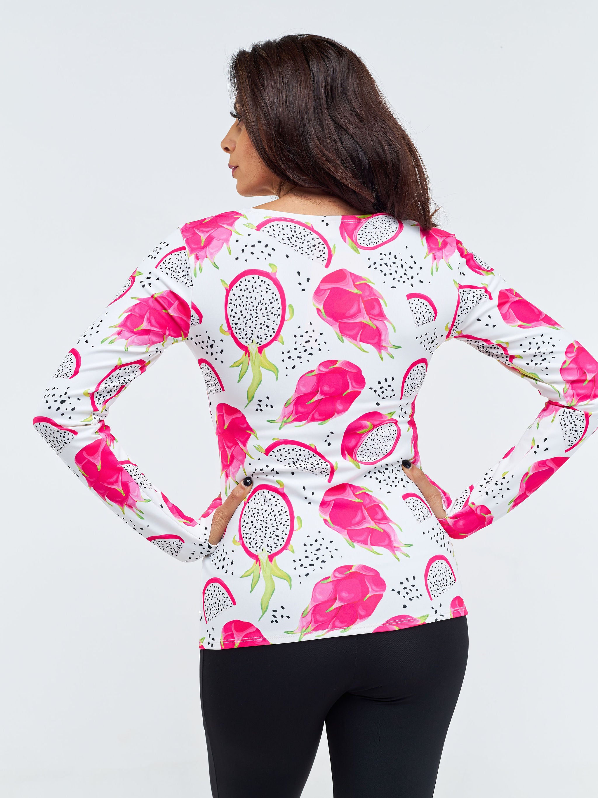 Vivo X Pinky Long Sleeve Fitness Top - White / Pink Abstract Print