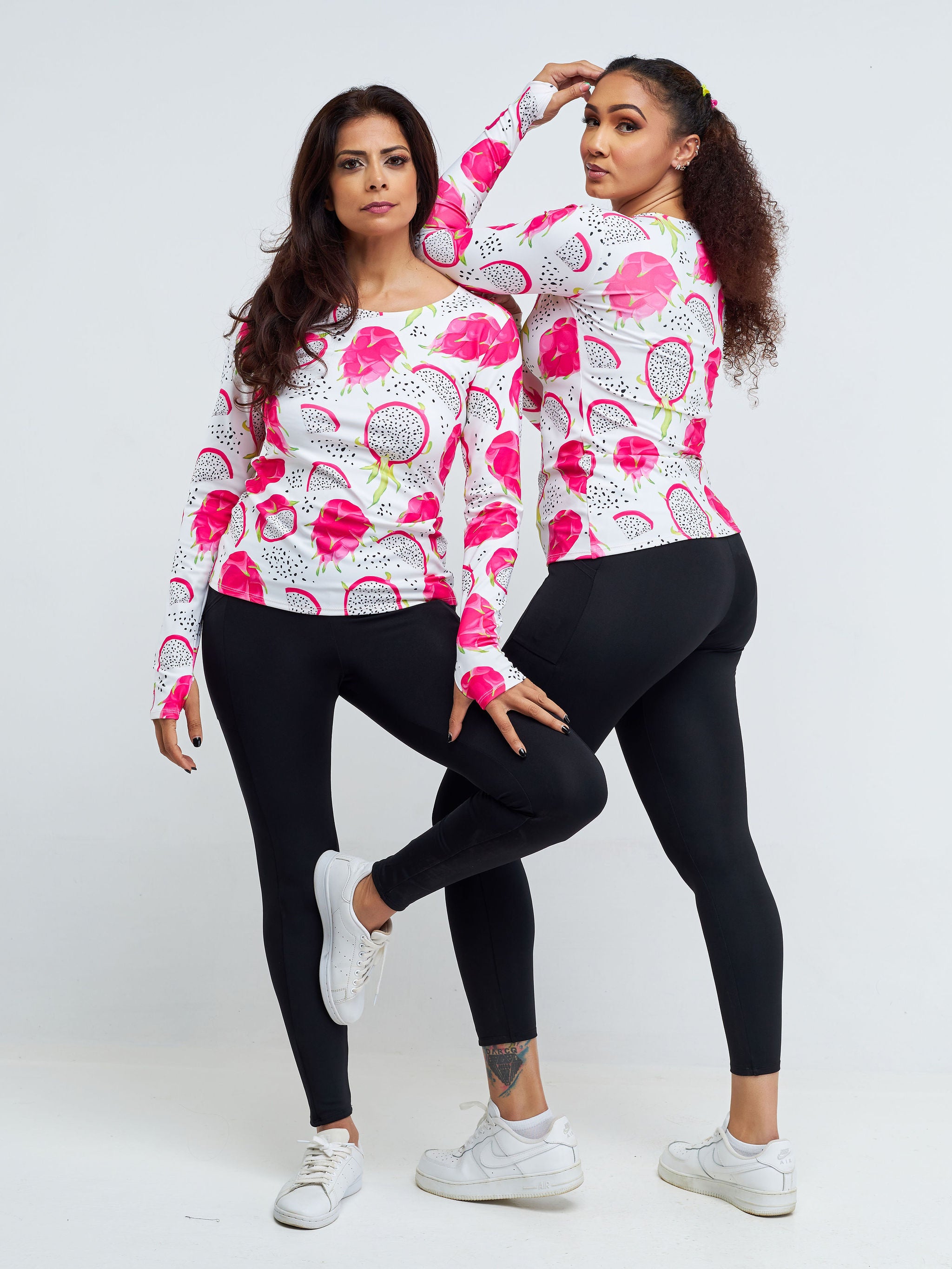 Vivo X Pinky Long Sleeve Fitness Top - White / Pink Abstract Print