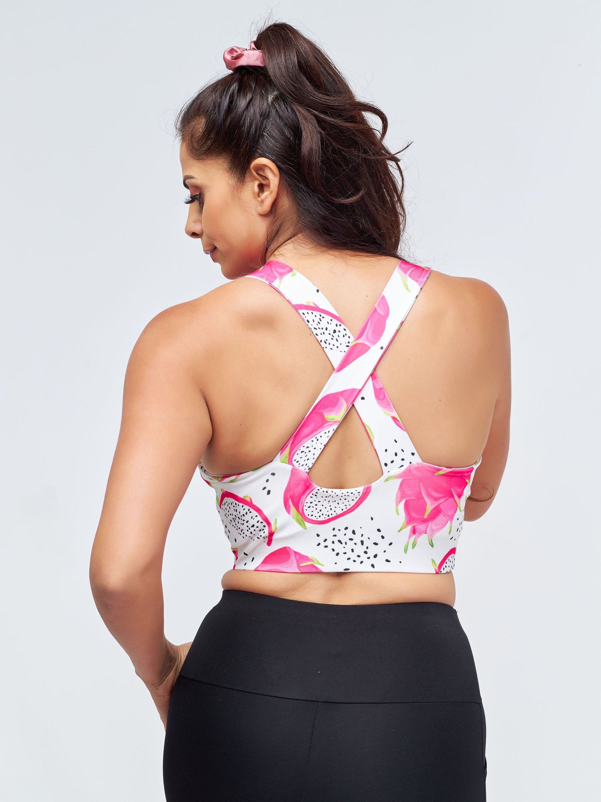 Vivo X Pinky Sleeveless Cross Back Fitness Bra - White / Pink Abstract Print