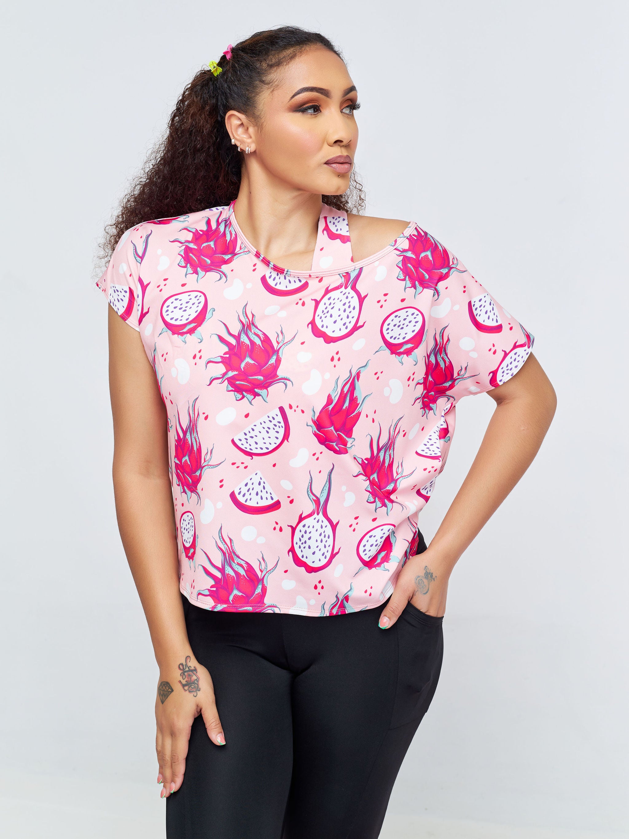 Vivo X Pinky Drop Shoulder Cowl Back Top - Pink / Dark Pink Abstract Print