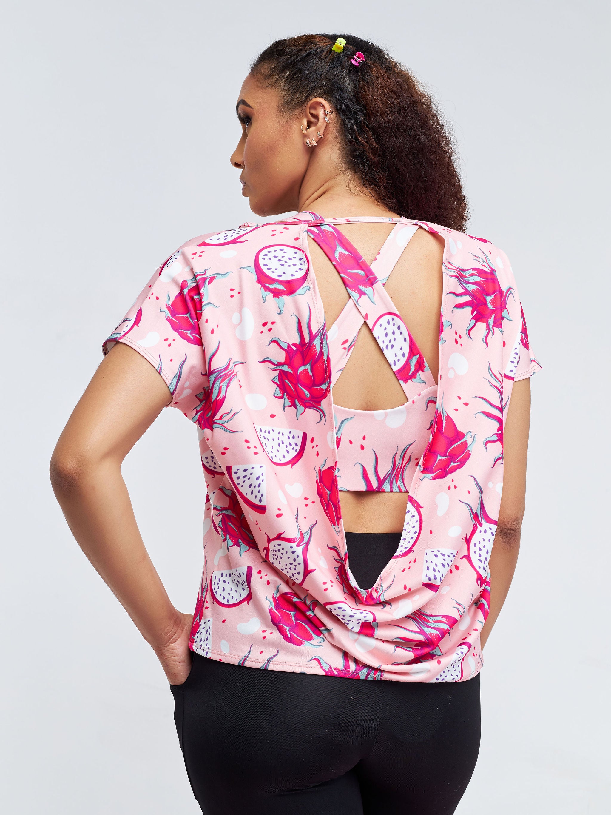 Vivo X Pinky Drop Shoulder Cowl Back Top - Pink / Dark Pink Abstract Print