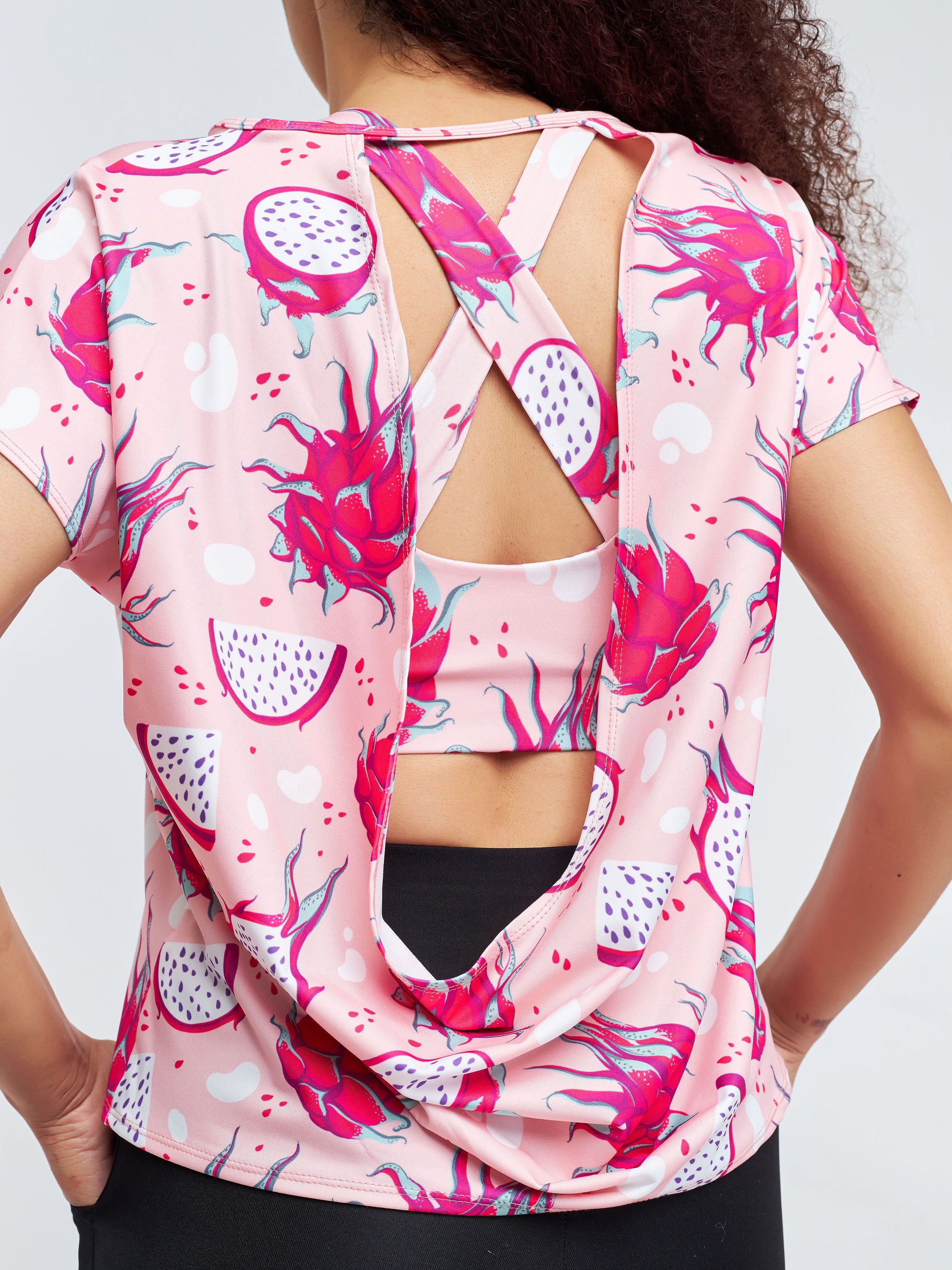 Vivo X Pinky Drop Shoulder Cowl Back Top - Pink / Dark Pink Abstract Print