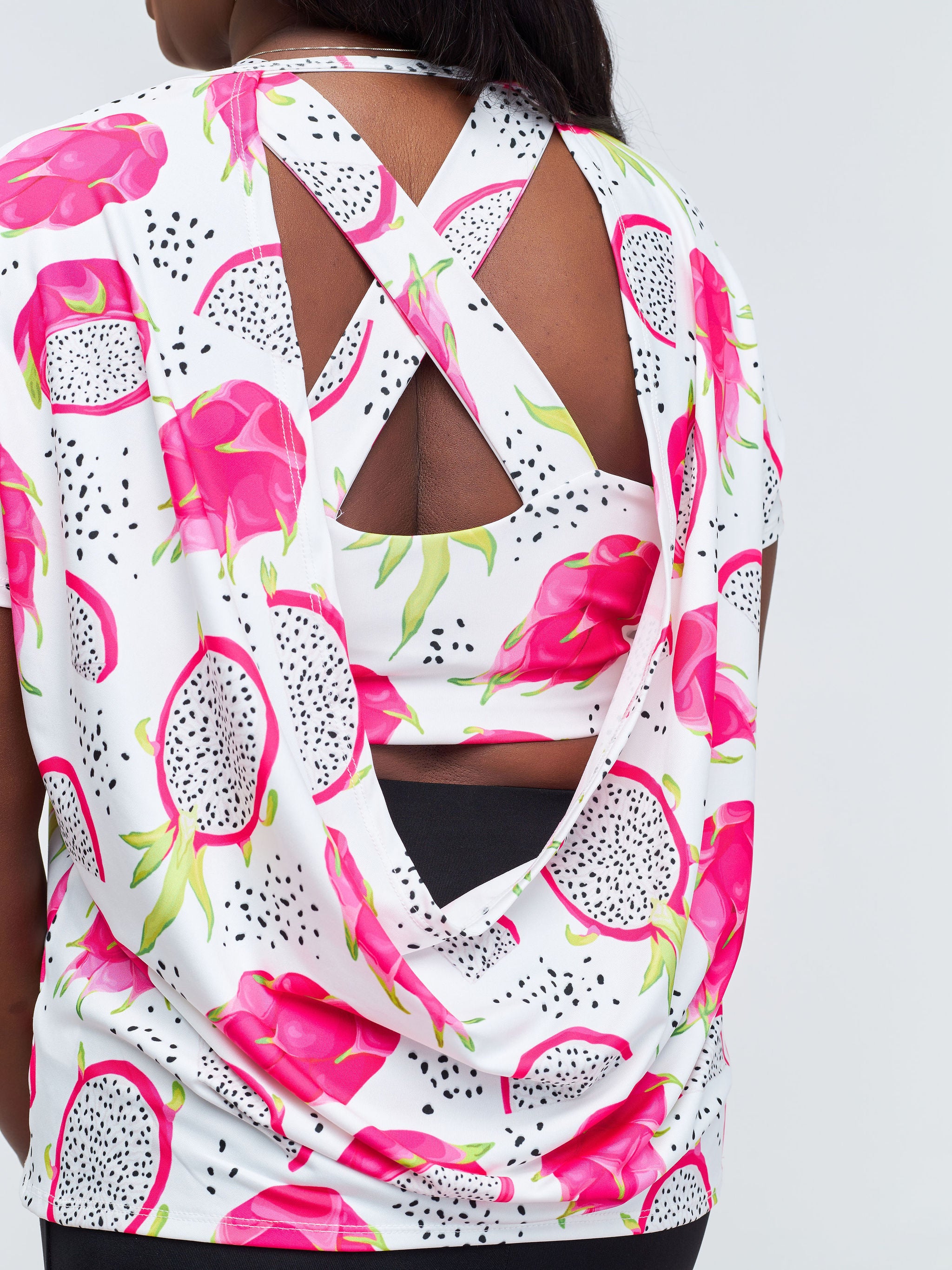 Vivo X Pinky Drop Shoulder Cowl Back Top - White / Pink Abstract Print